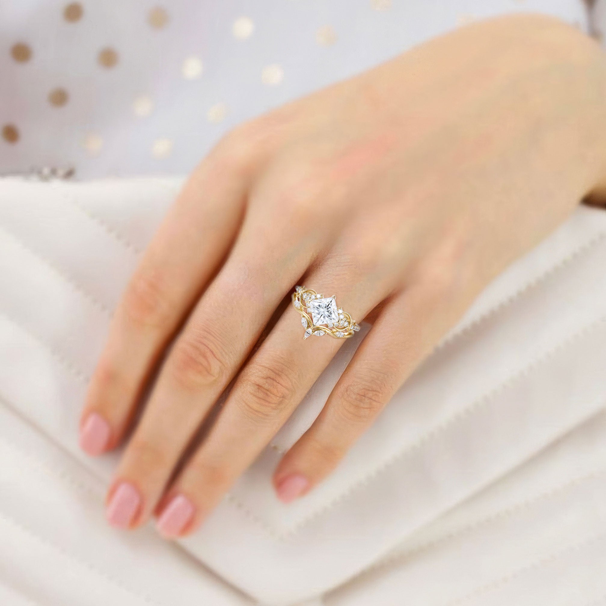 Vintage Princess Moissanite 18K Yellow Gold Engagement Ring Bridal Ring Set