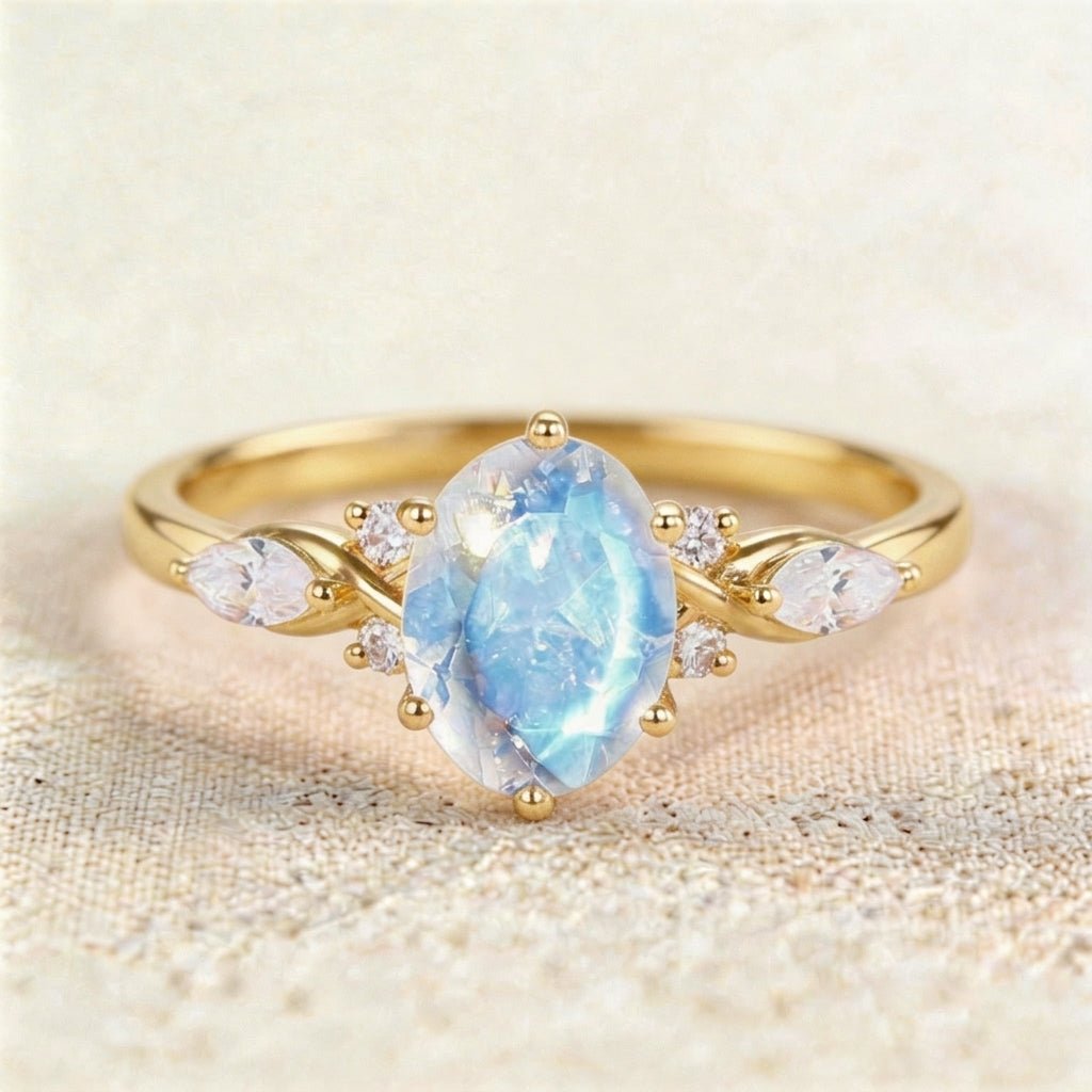 Vintage Starbrite Cut Oval Lab Sapphire and Moissanite Ring - Oore Jewelry