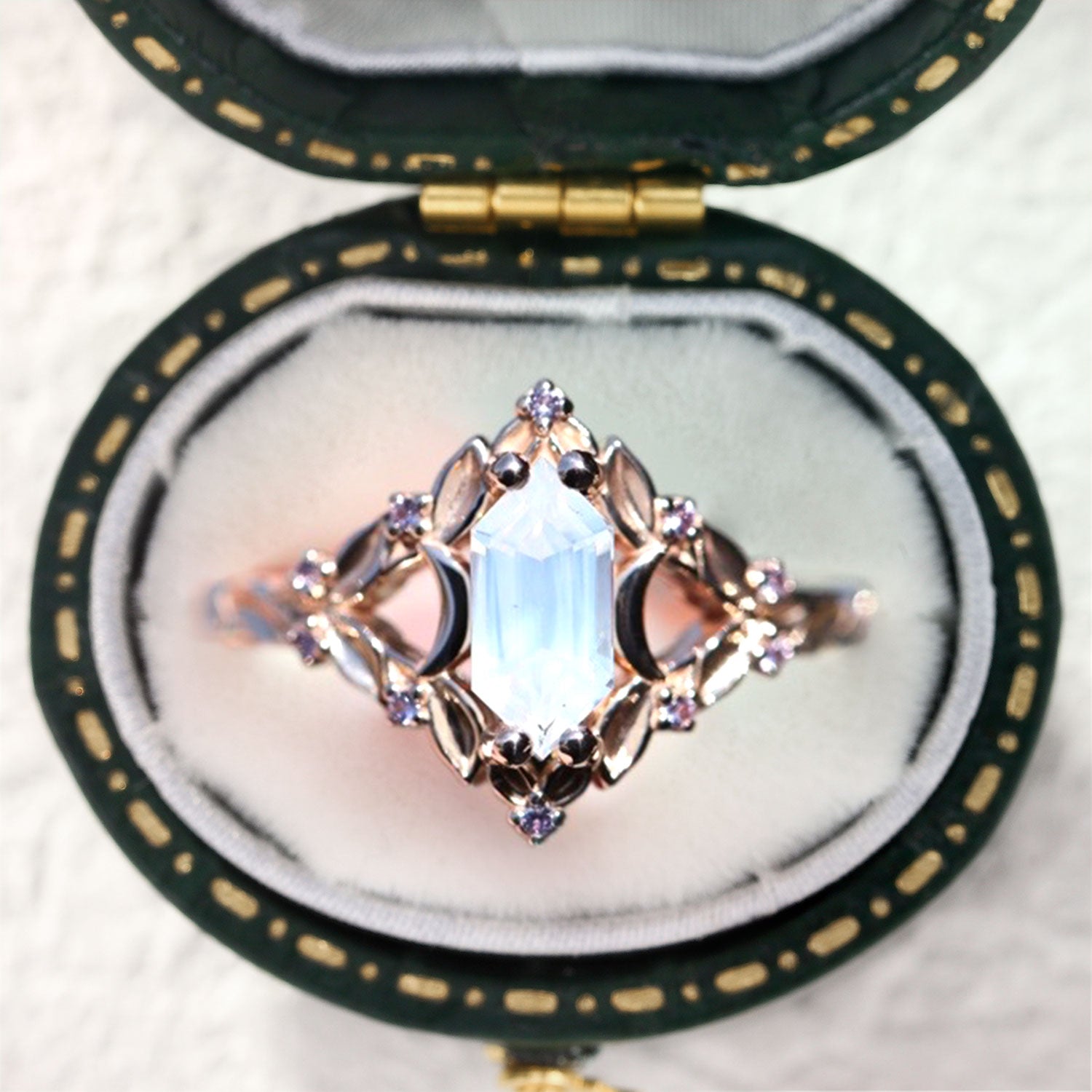 Unique Briar Moon Long Hexagon Lab Moonstone Promise Ring For Women - Oore Jewelry