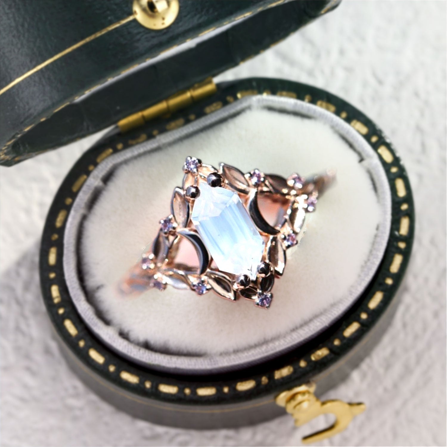 Unique Briar Moon Long Hexagon Lab Moonstone Promise Ring For Women - Oore Jewelry
