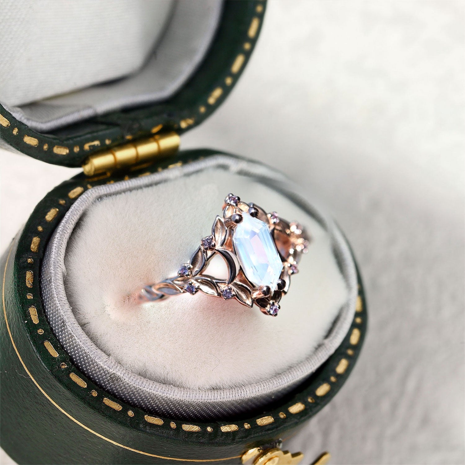 Unique Briar Moon Long Hexagon Lab Moonstone Promise Ring For Women - Oore Jewelry