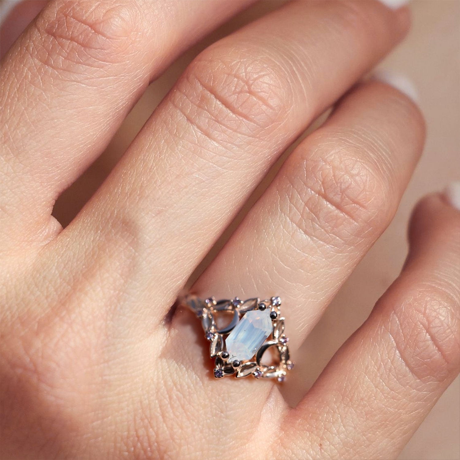 Unique Briar Moon Long Hexagon Lab Moonstone Promise Ring For Women - Oore Jewelry