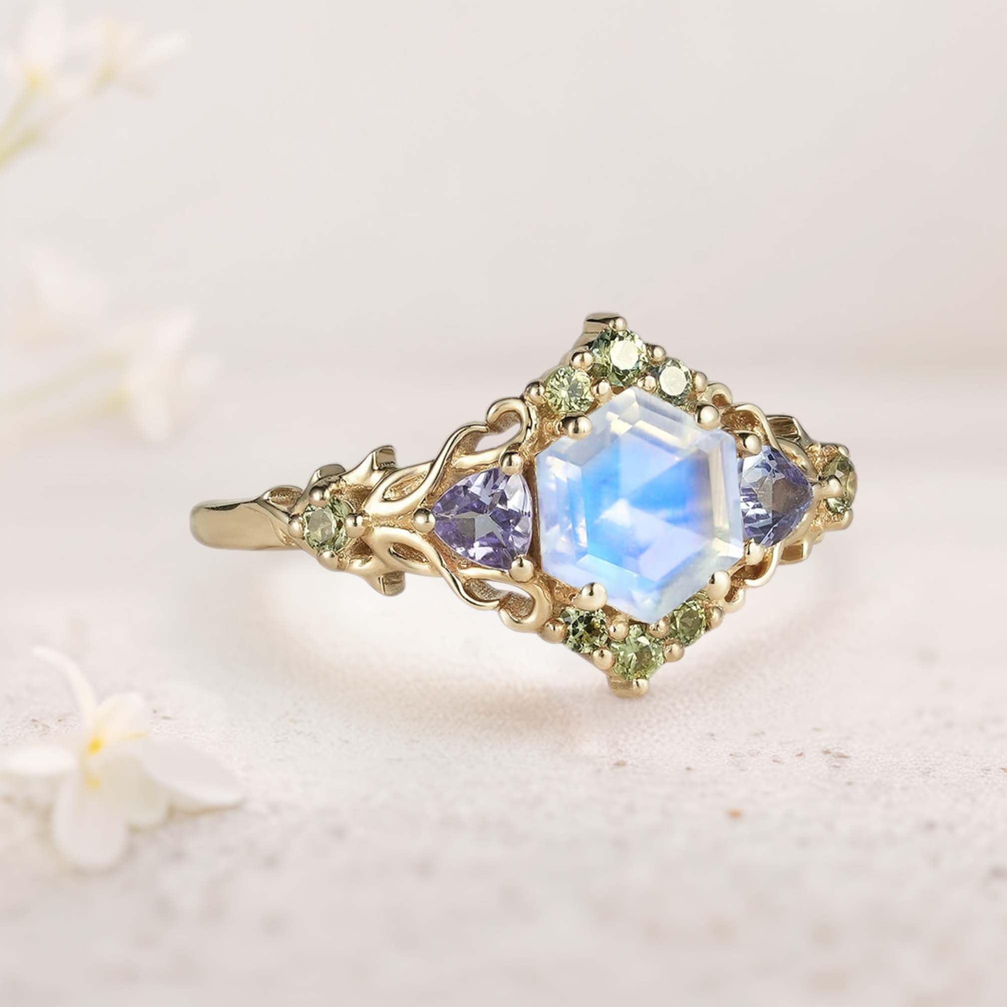 Unique floral engagement rings Three Stone Hexagon Lab Moonstone and Blue sapphire 18K Yellow Gold Leaf Ring