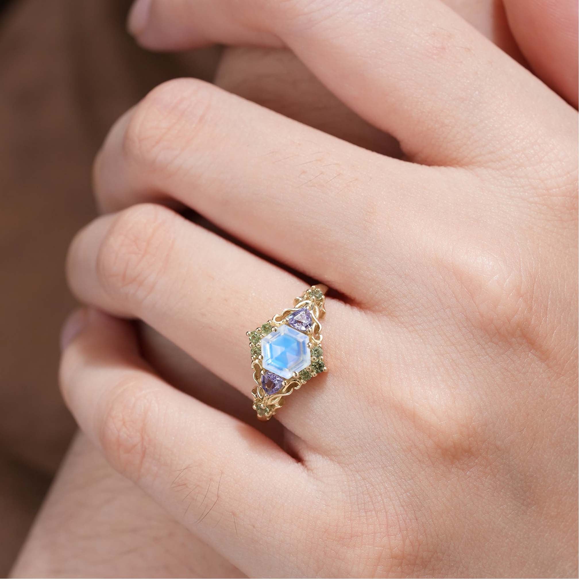 Unique floral engagement rings Three Stone Hexagon Lab Moonstone and Blue sapphire 18K Yellow Gold Leaf Ring