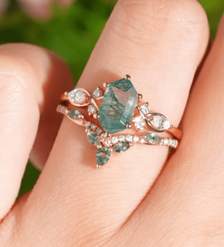 Vintage Nature Hexagon Cut Moss Agate Five Stone 18K Rose Gold Ring Set