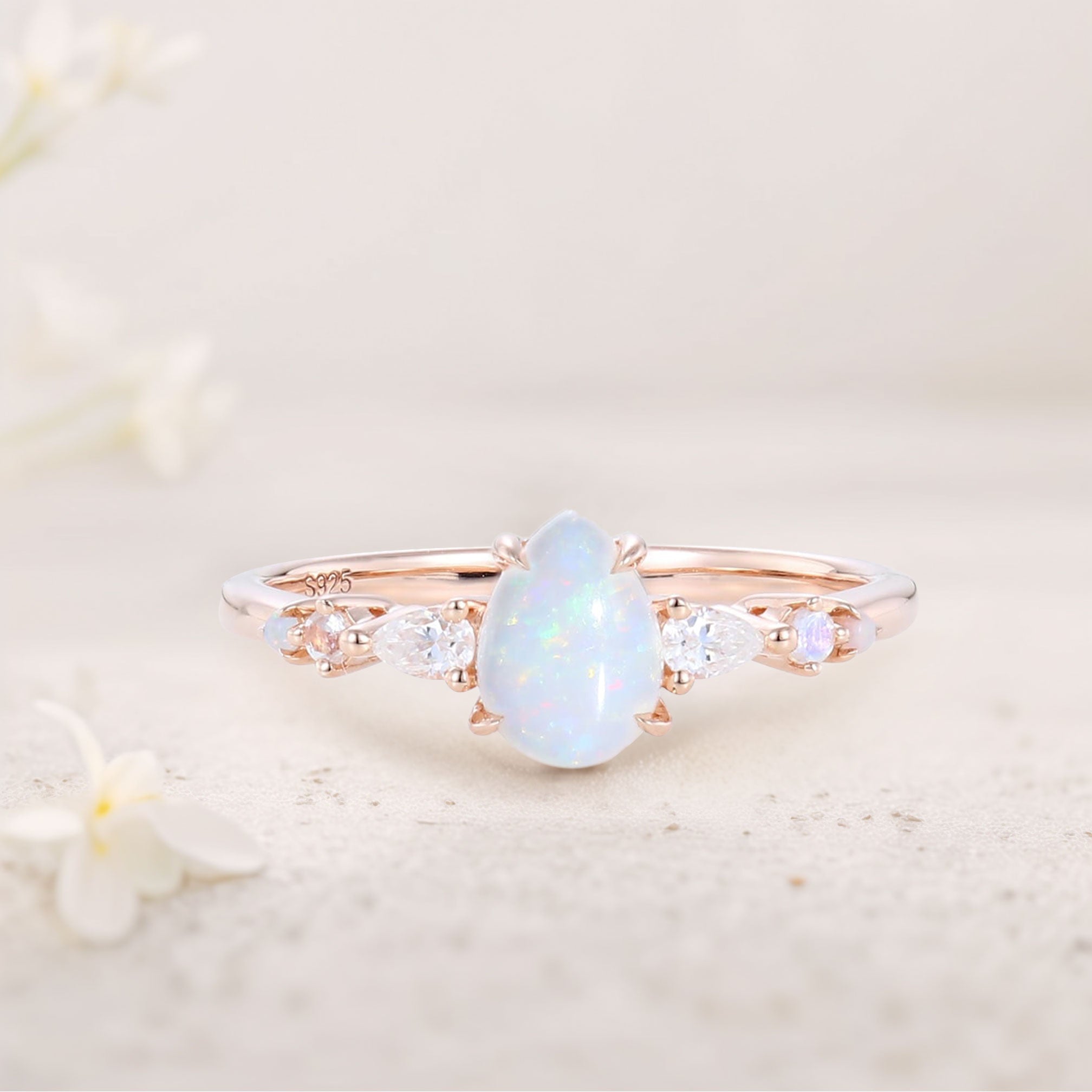Vintage Pear Lab Opal and Moissanite 18K Rose Gold Engagement Ring