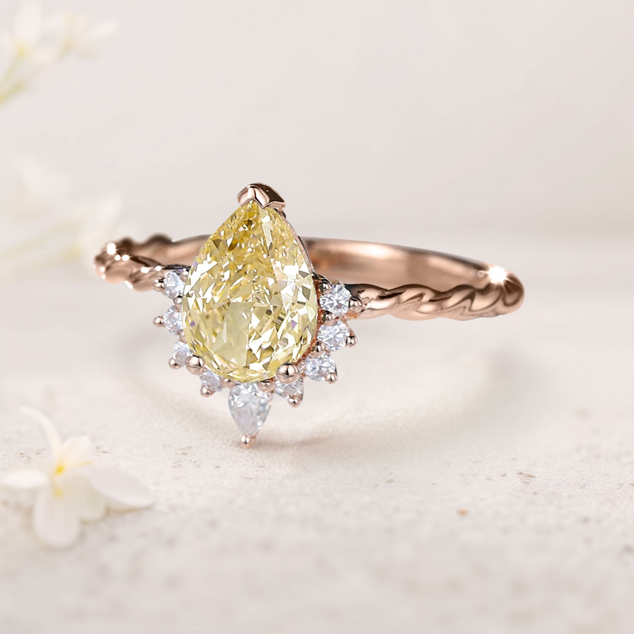 Vintage Pear Citrine Twisted 18K Rose Gold Women's Wedding Ring