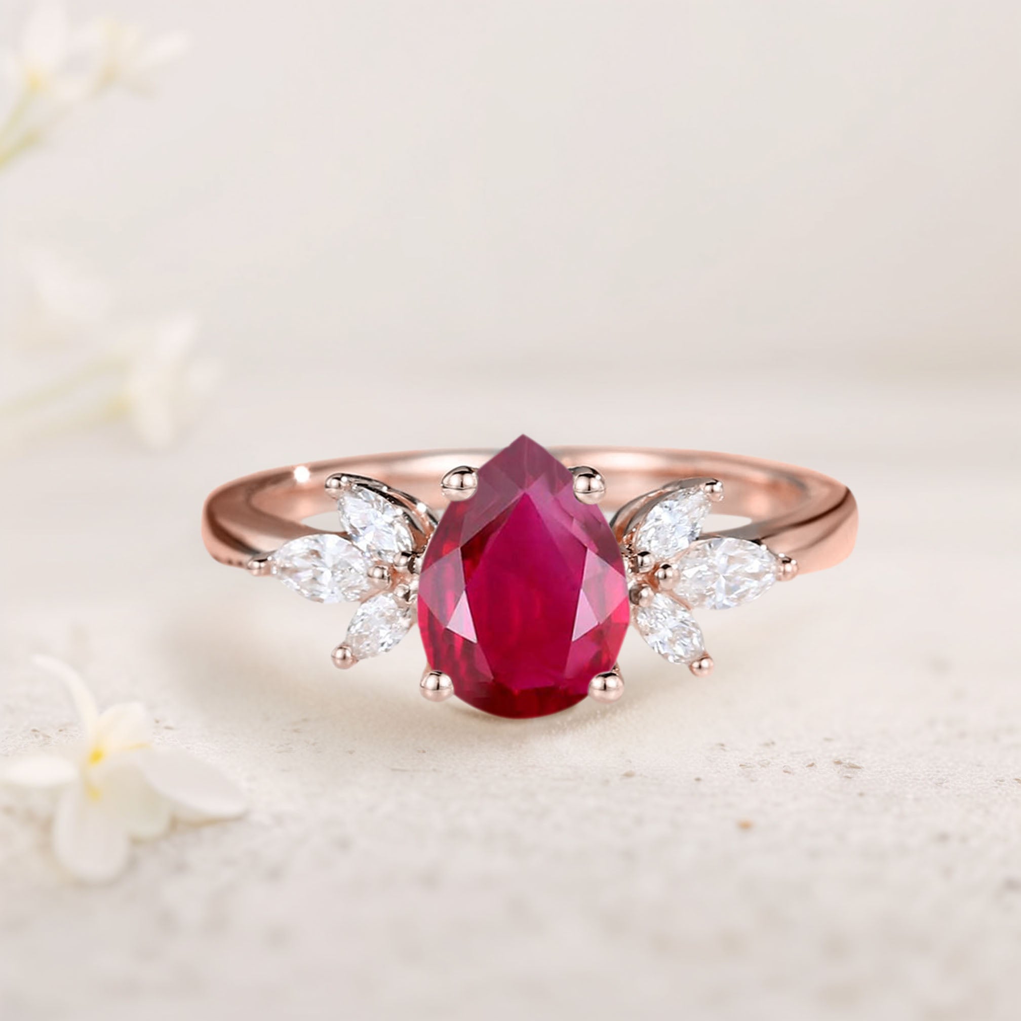Unique Pear Lab Ruby 18K Rose Gold Engagement Ring Simple Cluster Bridal Ring