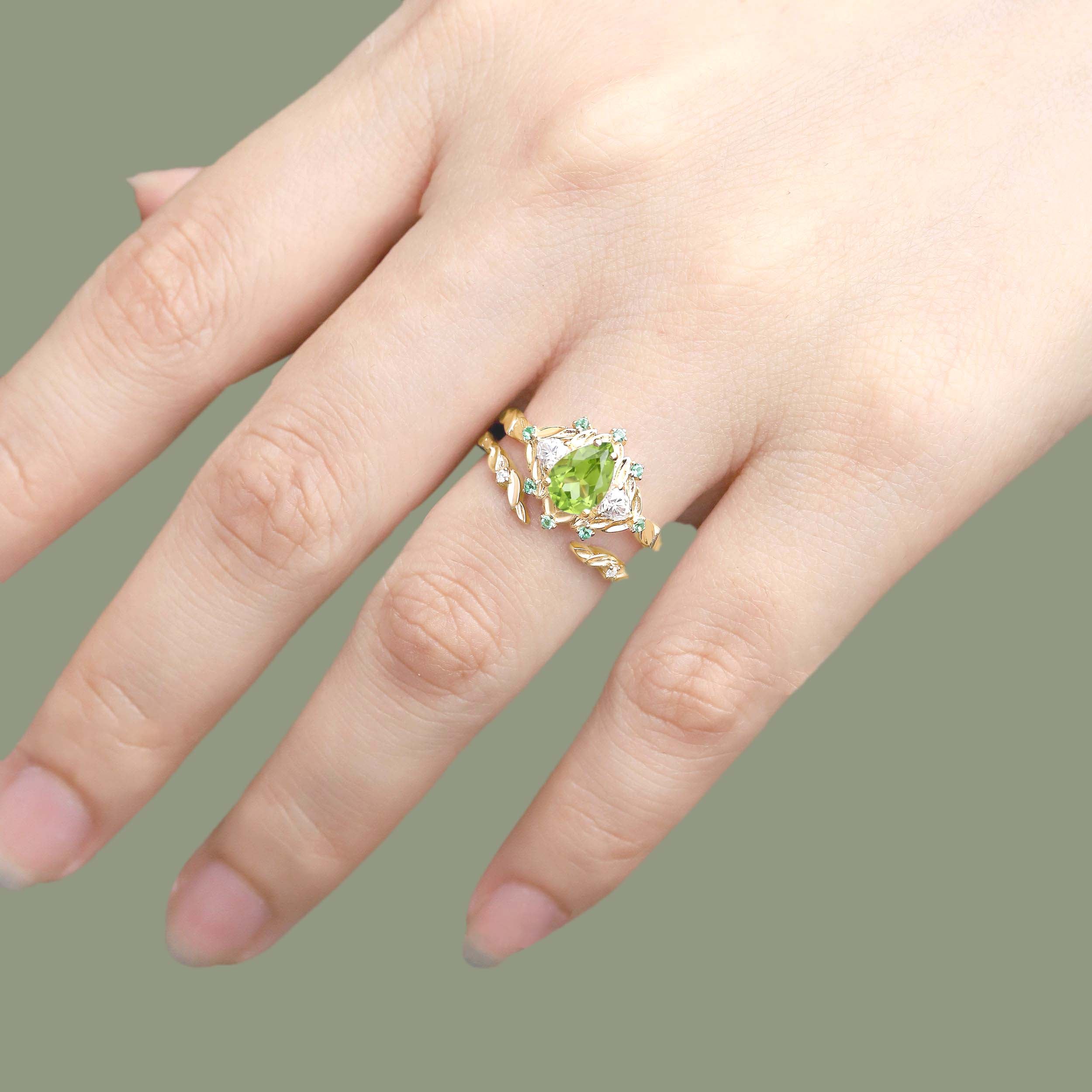 Unique floral engagement rings Pear Peridot Engagement Ring Set Emerald Cluster Leaf 18K Yellow Gold Wedding Ring Set