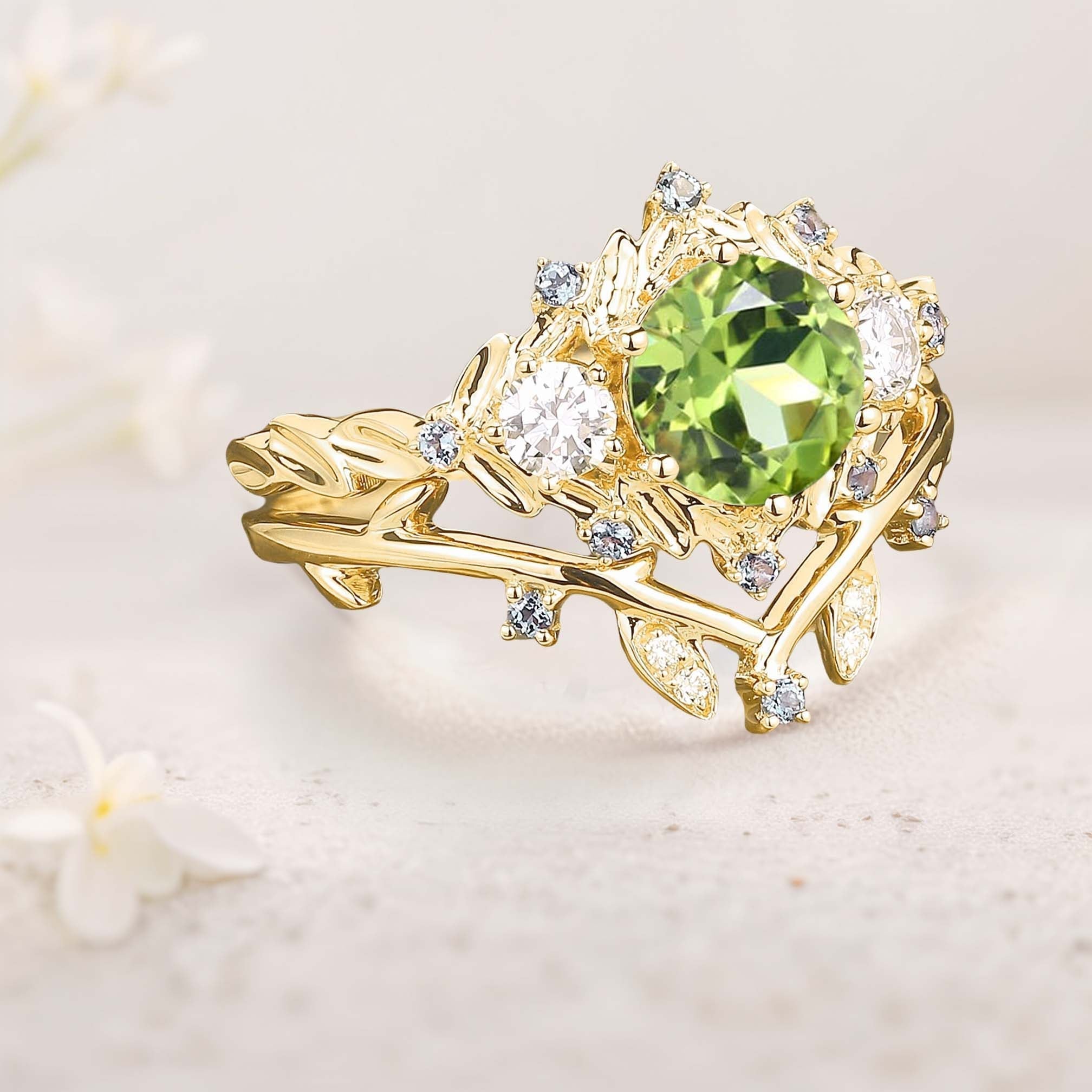 Unique Round Peridot Leaf Engagement Ring Set Moissanite Cluster Flower 18K Yellow Gold Wedding Ring Set