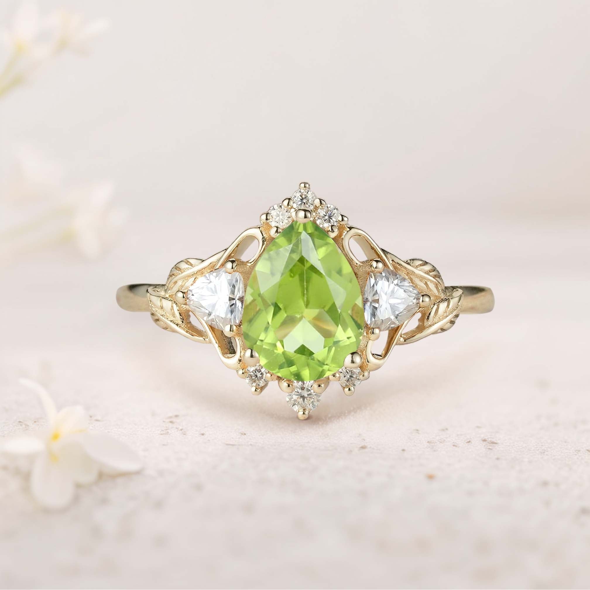Unique Pear Peridot and Moissanite side stones Leaf Ring 18K Yellow Gold Engagement Ring