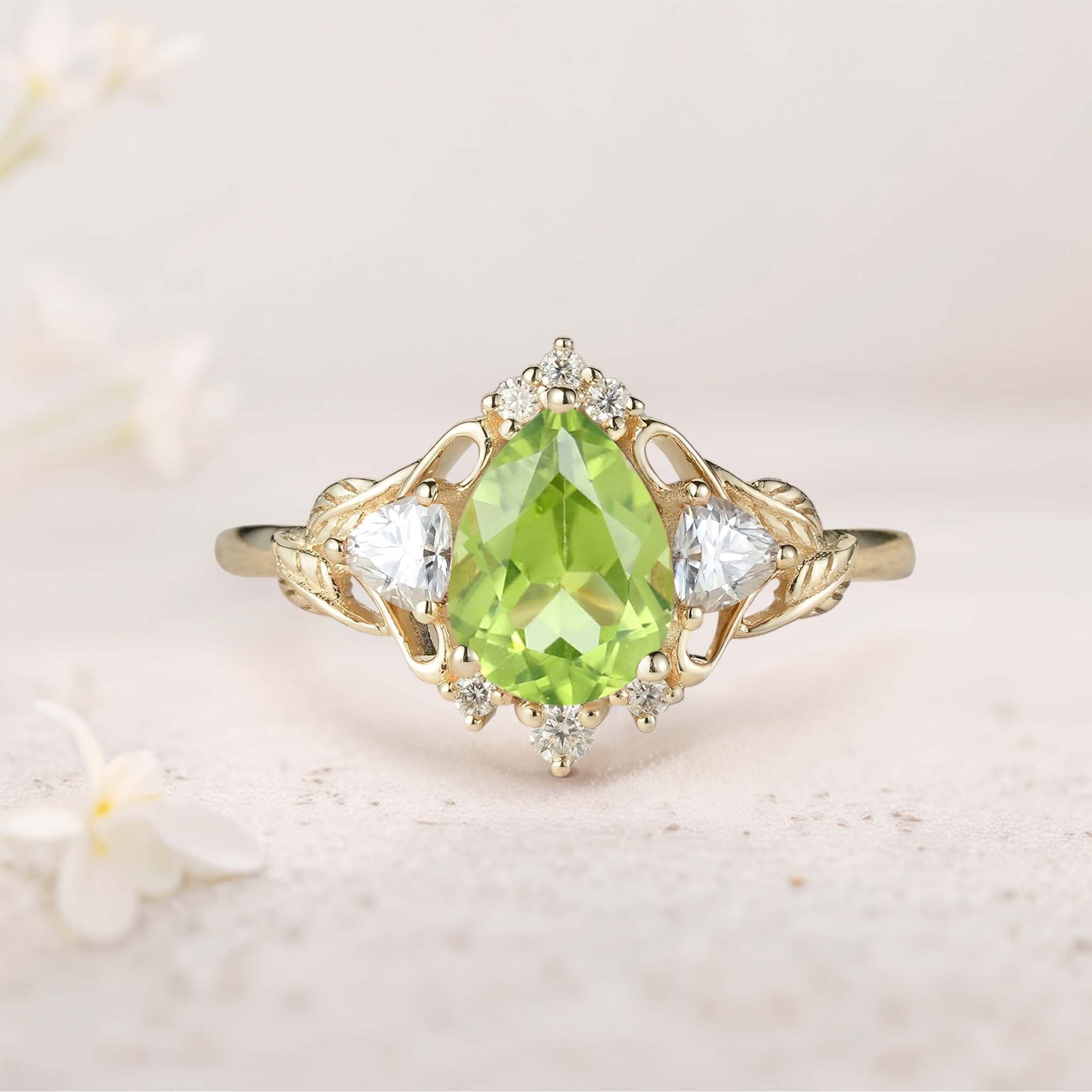 Unique Pear Peridot and Moissanite side stones Leaf Ring 18K Yellow Gold Engagement Ring