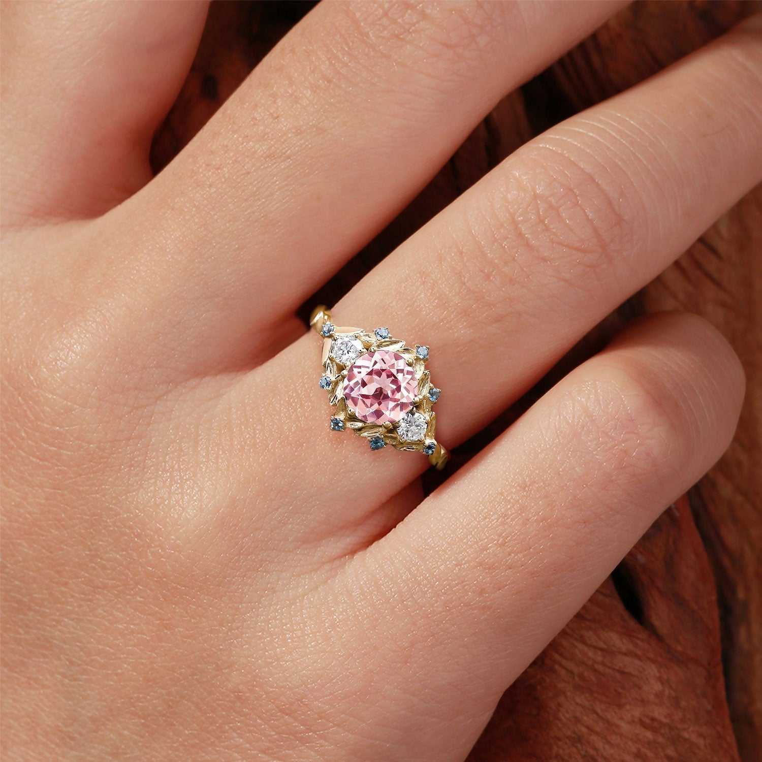 Unique Round Pink Lab Sapphire 18K Yellow Gold engagement ring leaf Wedding Ring