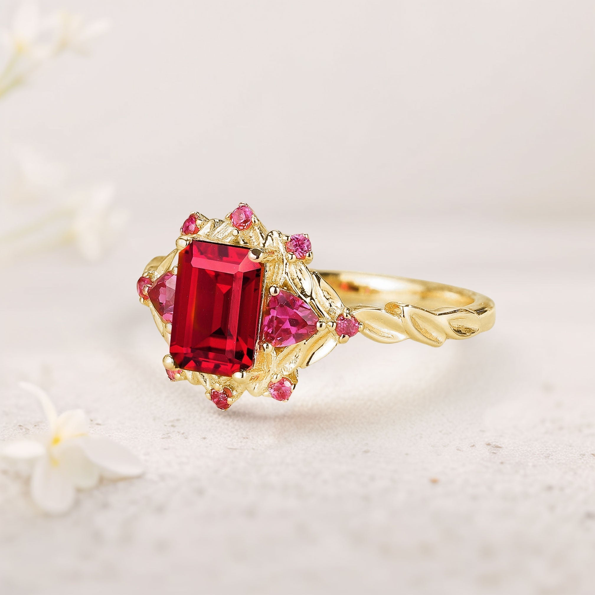 Unique floral engagement rings Emerald Cut Lab Ruby 18K Yellow Gold Floral Engagement Ring Ruby Halo Wedding Ring