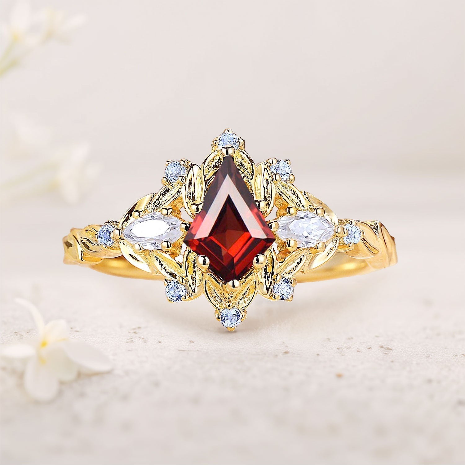 Unique Kite Lab Ruby Floral Engagement Ring Sapphire Halo Women Leaf 18K Yellow Gold Wedding Ring