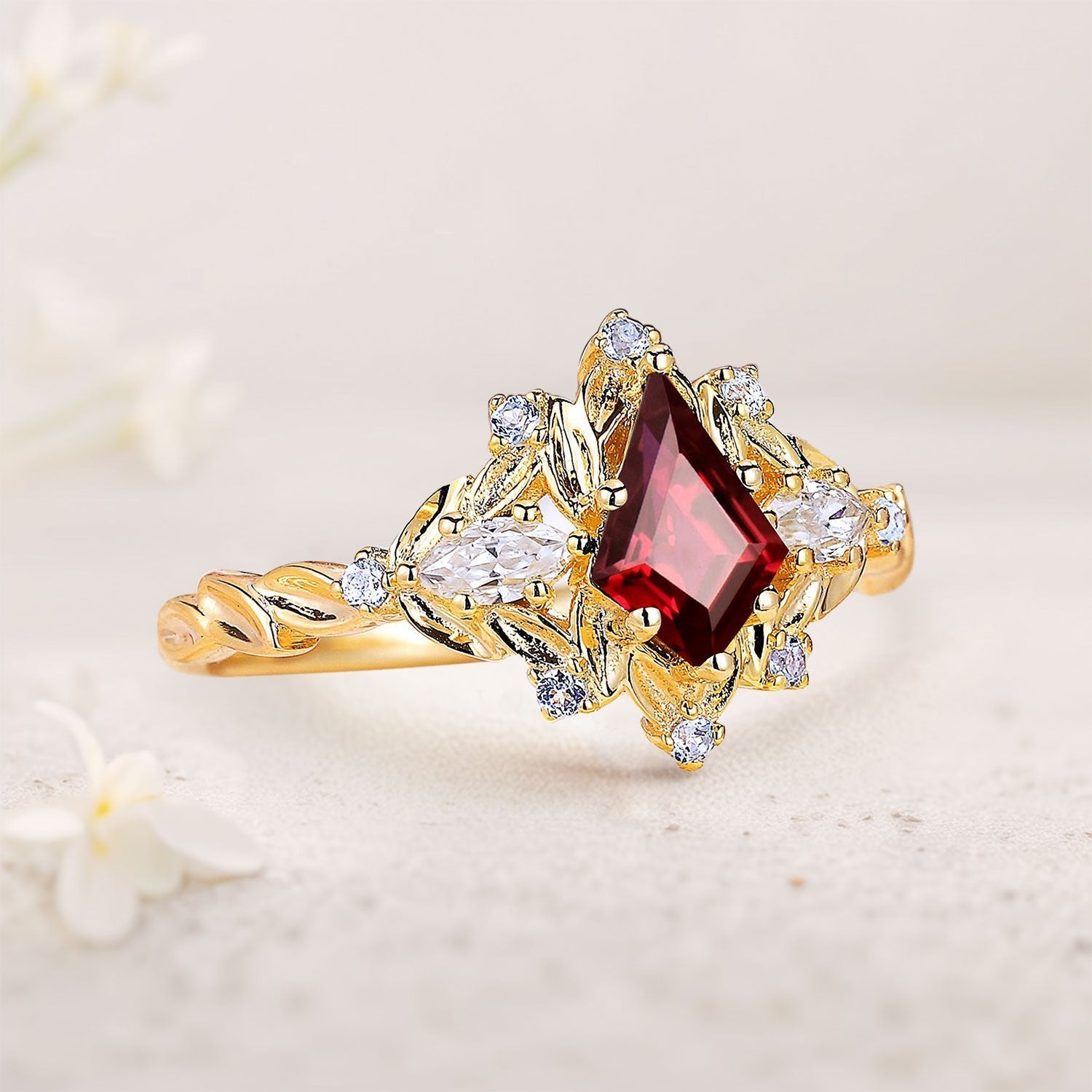 Unique Unique Kite Lab Ruby Floral Engagement Ring Sapphire Halo Women Leaf 18K Yellow Gold Wedding Ring