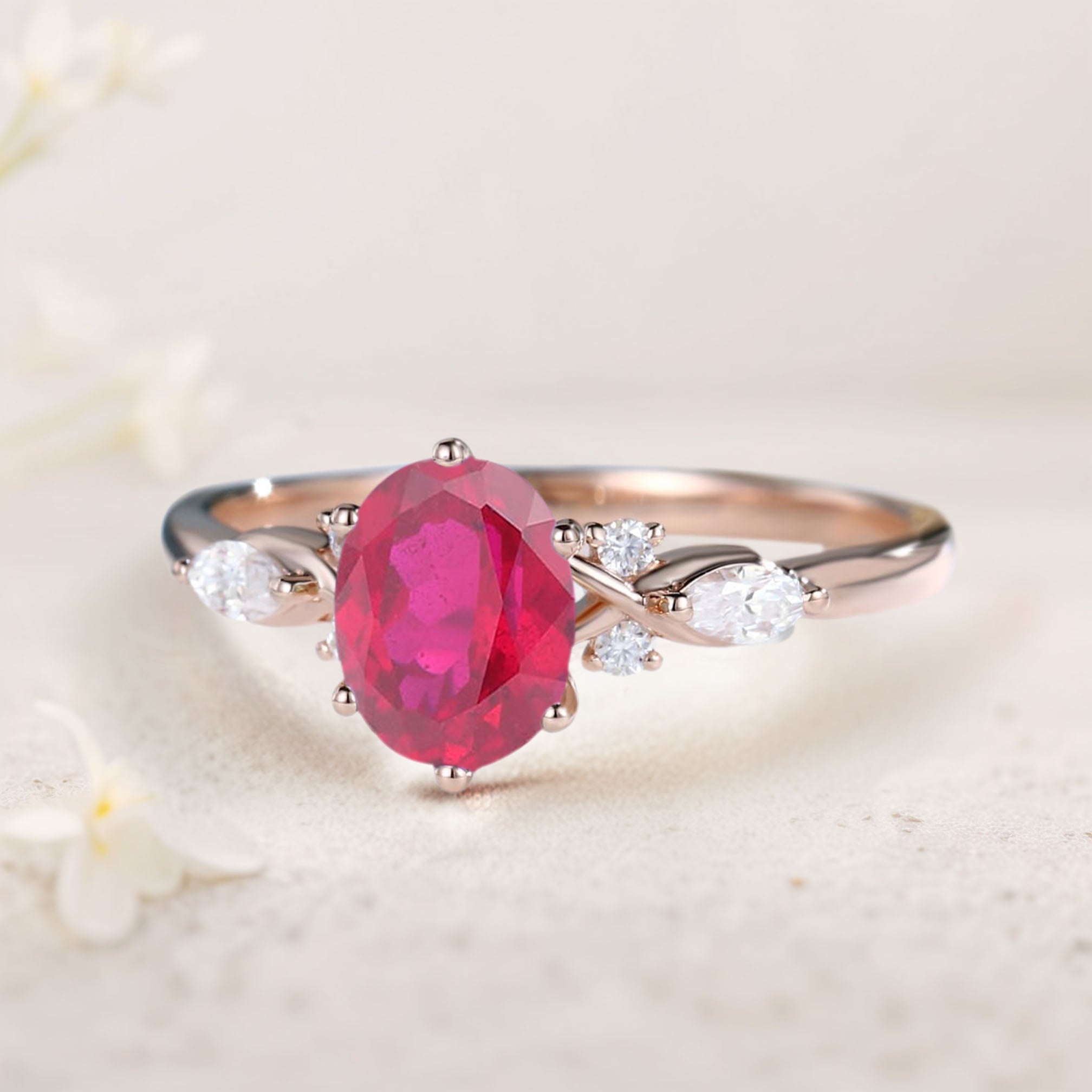 Vintage Oval Lab Ruby and Moissanite 18K Rose Gold Engagement Ring