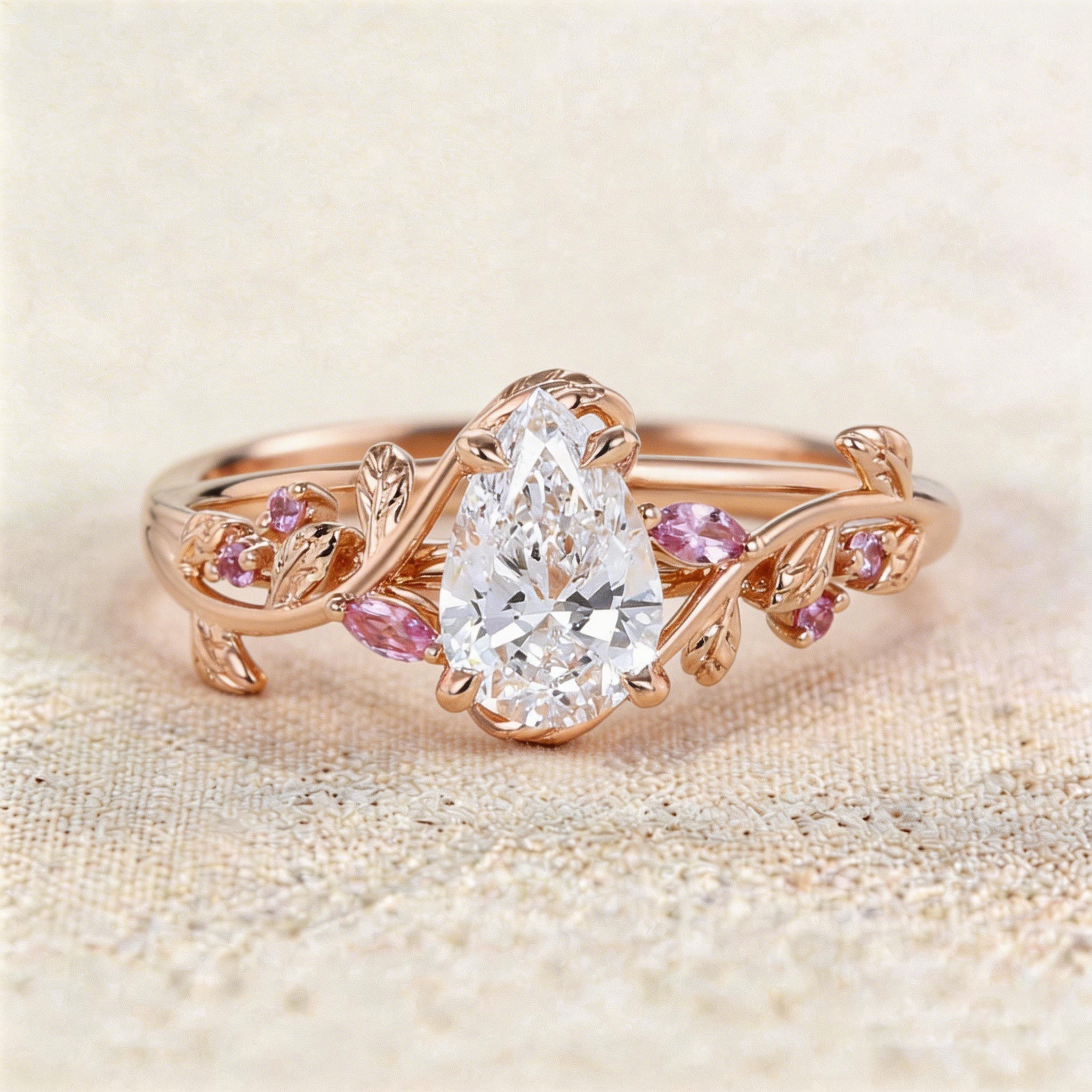Unique floral engagement rings Pear Moissanite and Pink Lab Sapphire Ring - Oore Jewelry