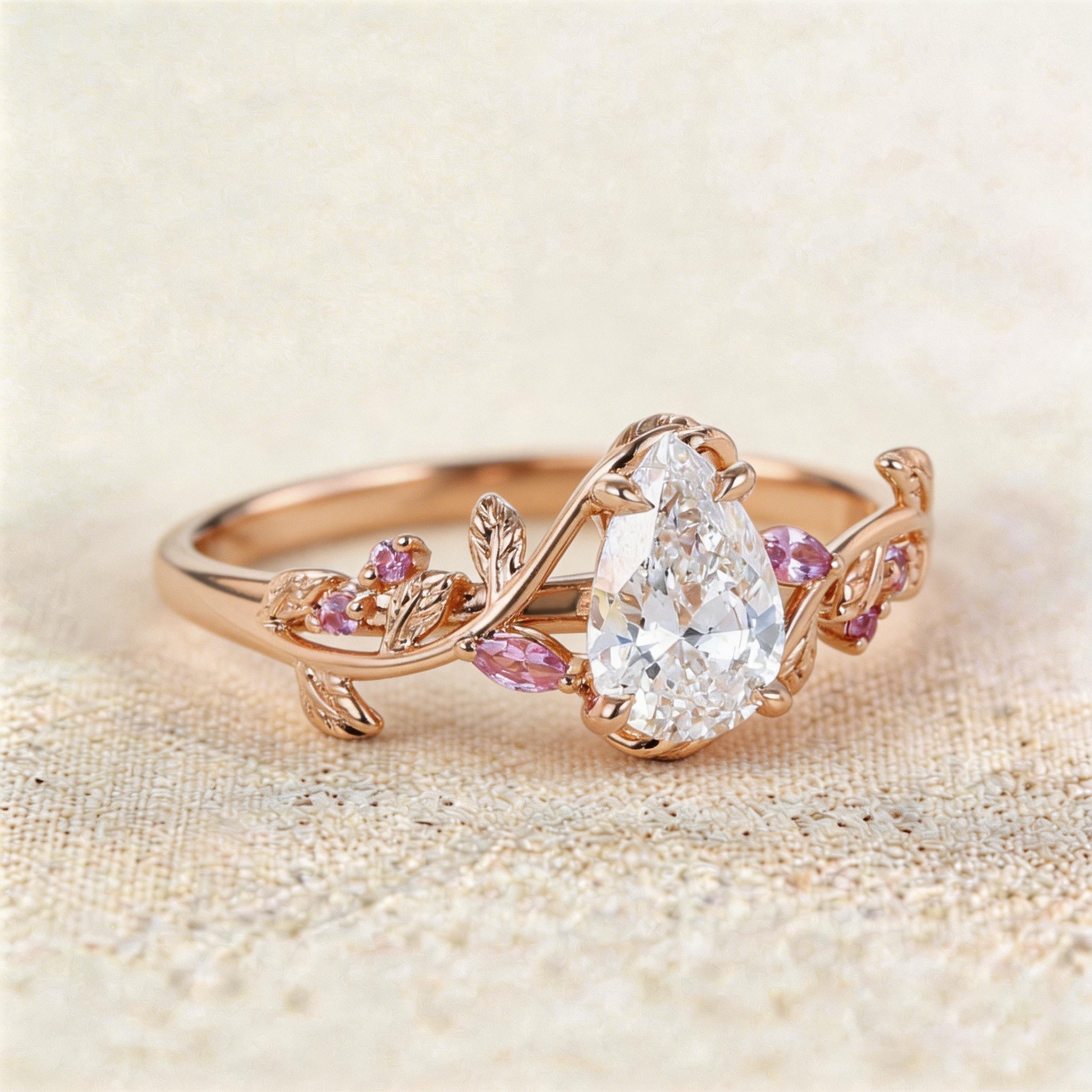 Unique floral engagement rings Pear Moissanite and Pink Lab Sapphire Ring - Oore Jewelry