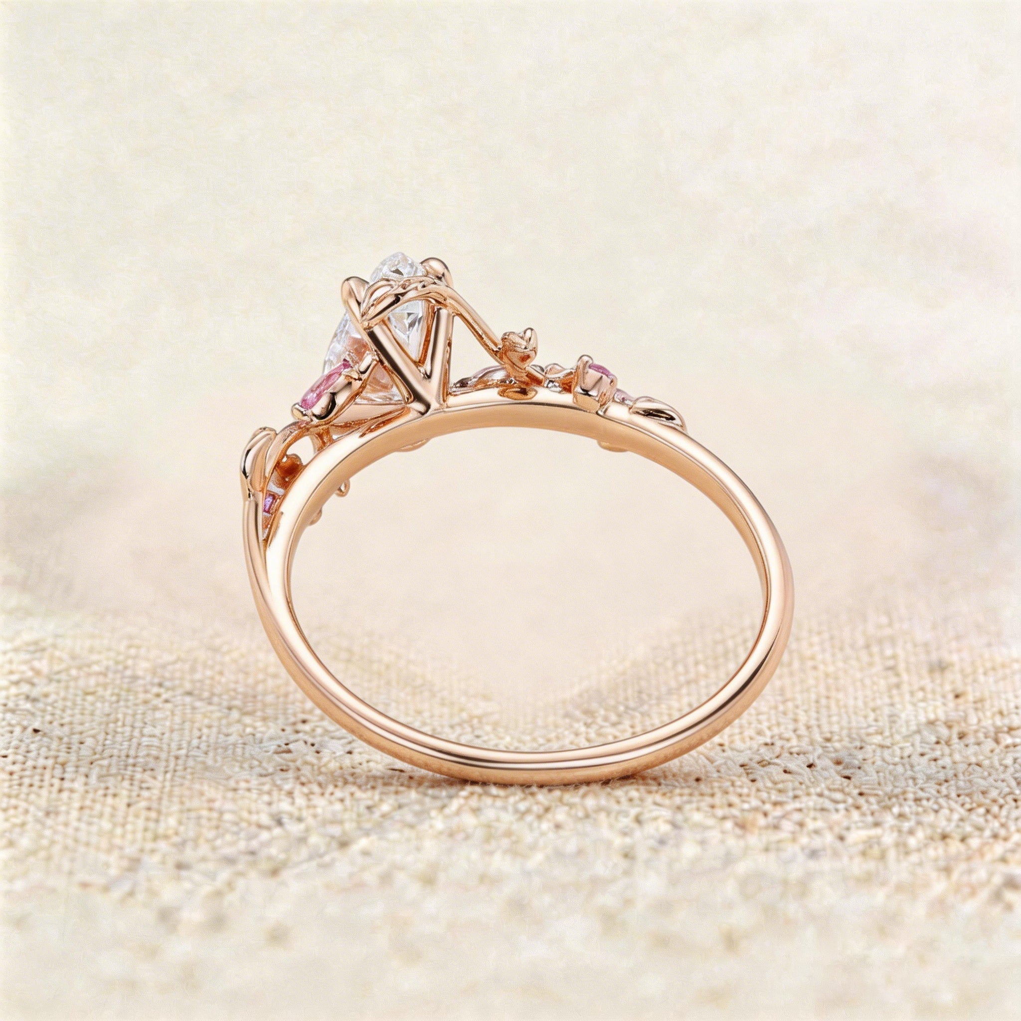 Unique floral engagement rings Pear Moissanite and Pink Lab Sapphire Ring - Oore Jewelry