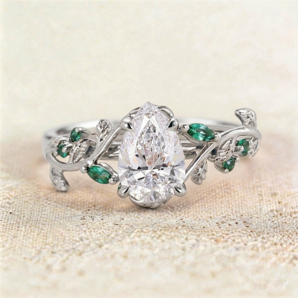 Unique floral engagement rings Pear Moissanite and Pink Lab Sapphire Ring - Oore Jewelry