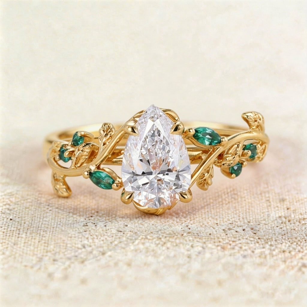 Unique floral engagement rings Pear Moissanite and Pink Lab Sapphire Ring - Oore Jewelry