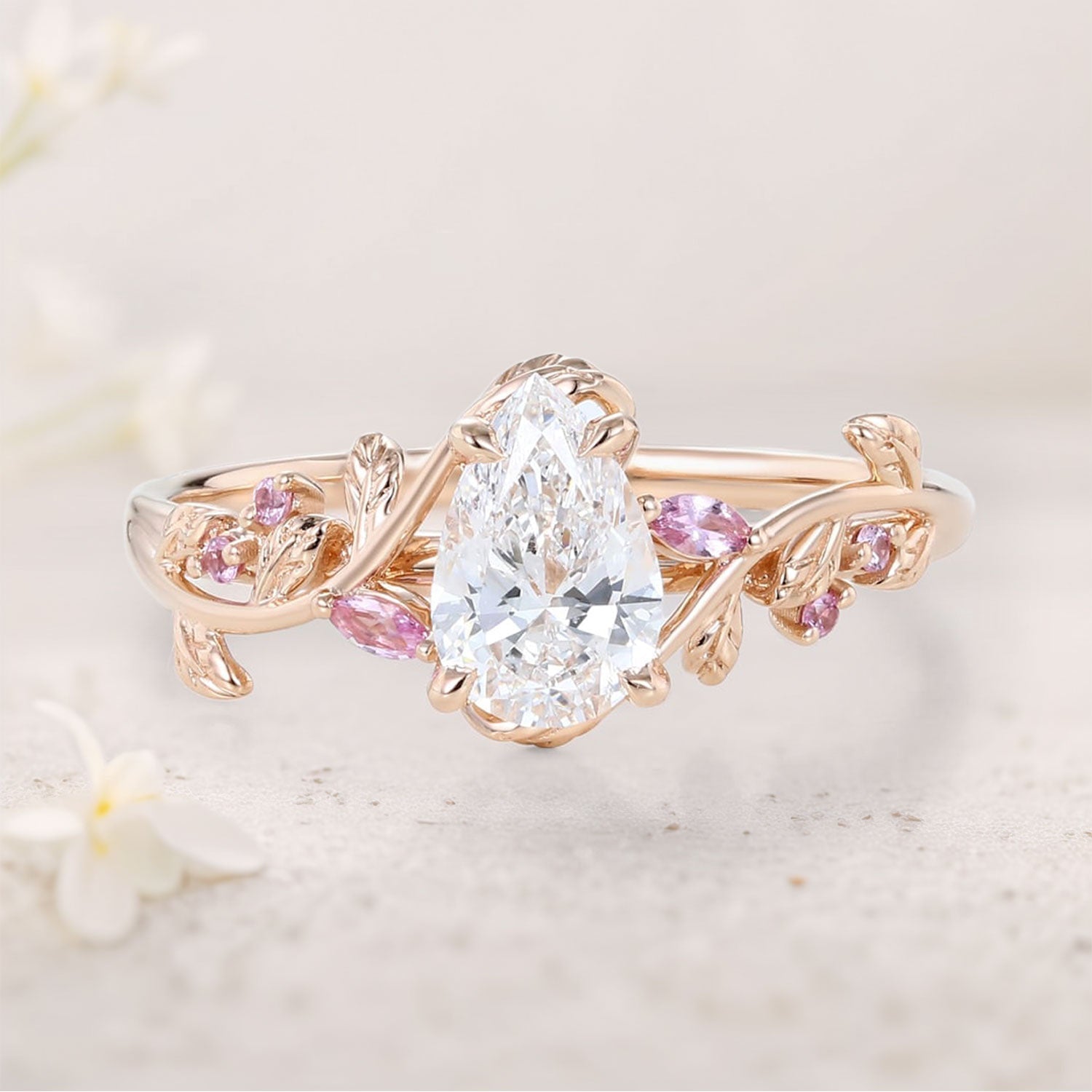 Unique floral engagement rings Pear Moissanite and Pink Lab Sapphire 18K Yellow Gold Ring