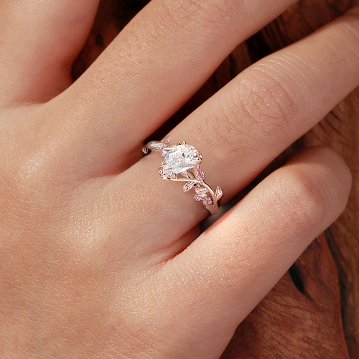 Unique floral engagement rings Pear Moissanite and Pink Lab Sapphire 18K Yellow Gold Ring
