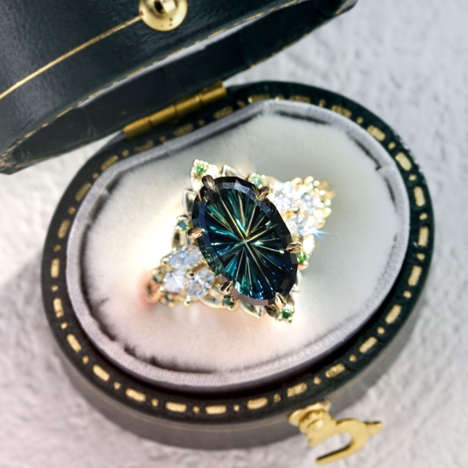 Vintage Unique Starlight Oval Green Lab Sapphire 14k yellow gold Engagement Ring