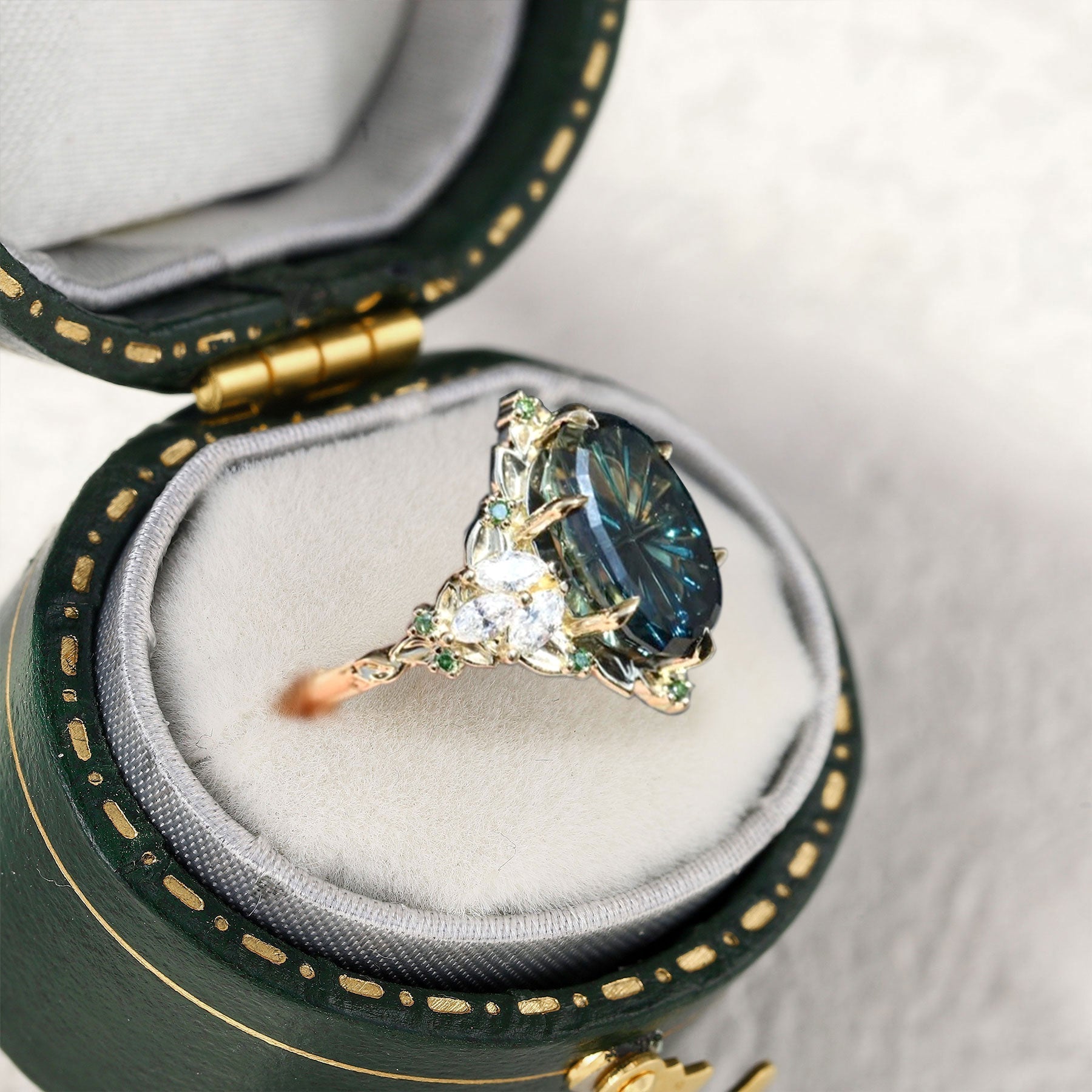 Vintage Unique Starlight Oval Green Lab Sapphire 14k yellow gold Engagement Ring