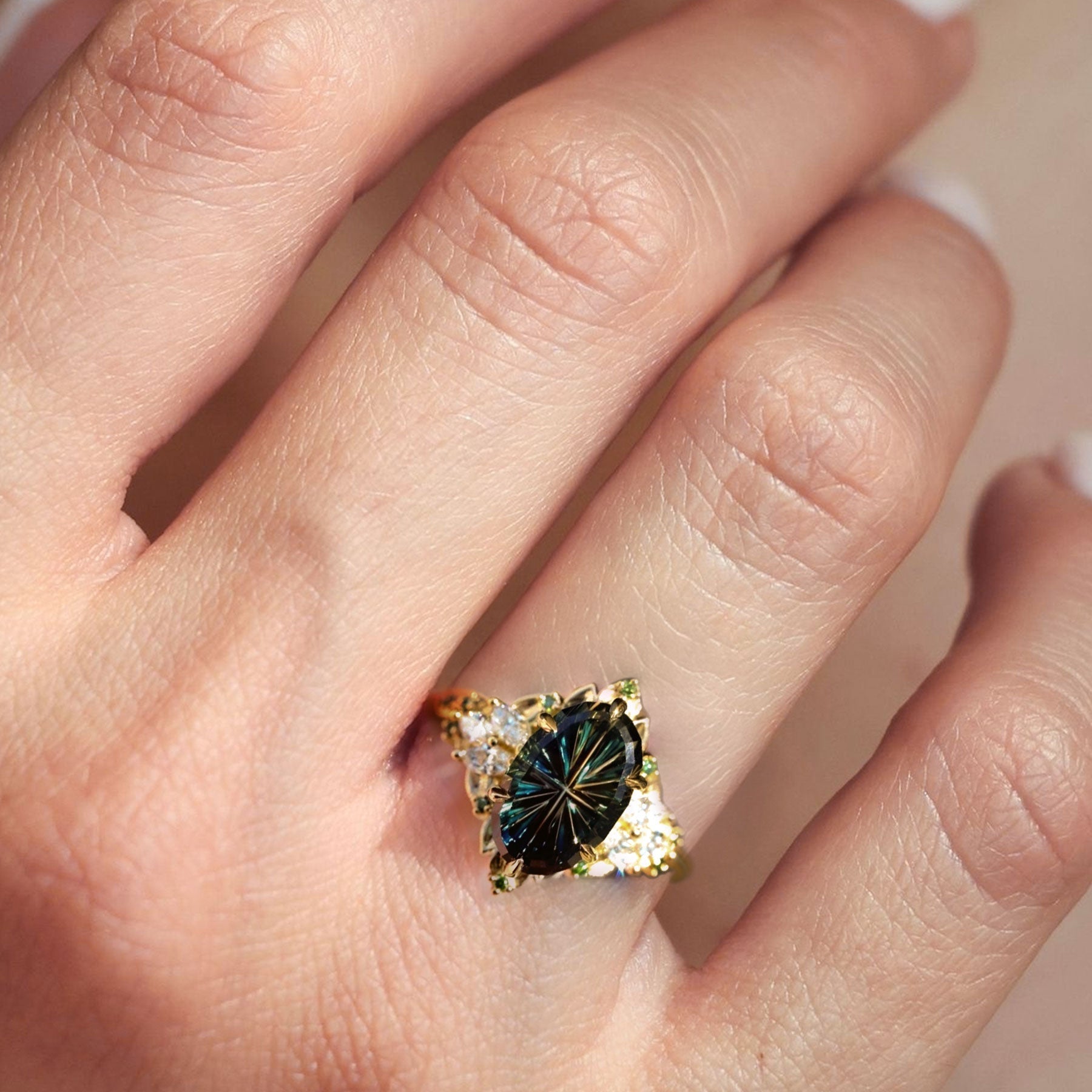 Vintage Unique Starlight Oval Green Lab Sapphire 14k yellow gold Engagement Ring
