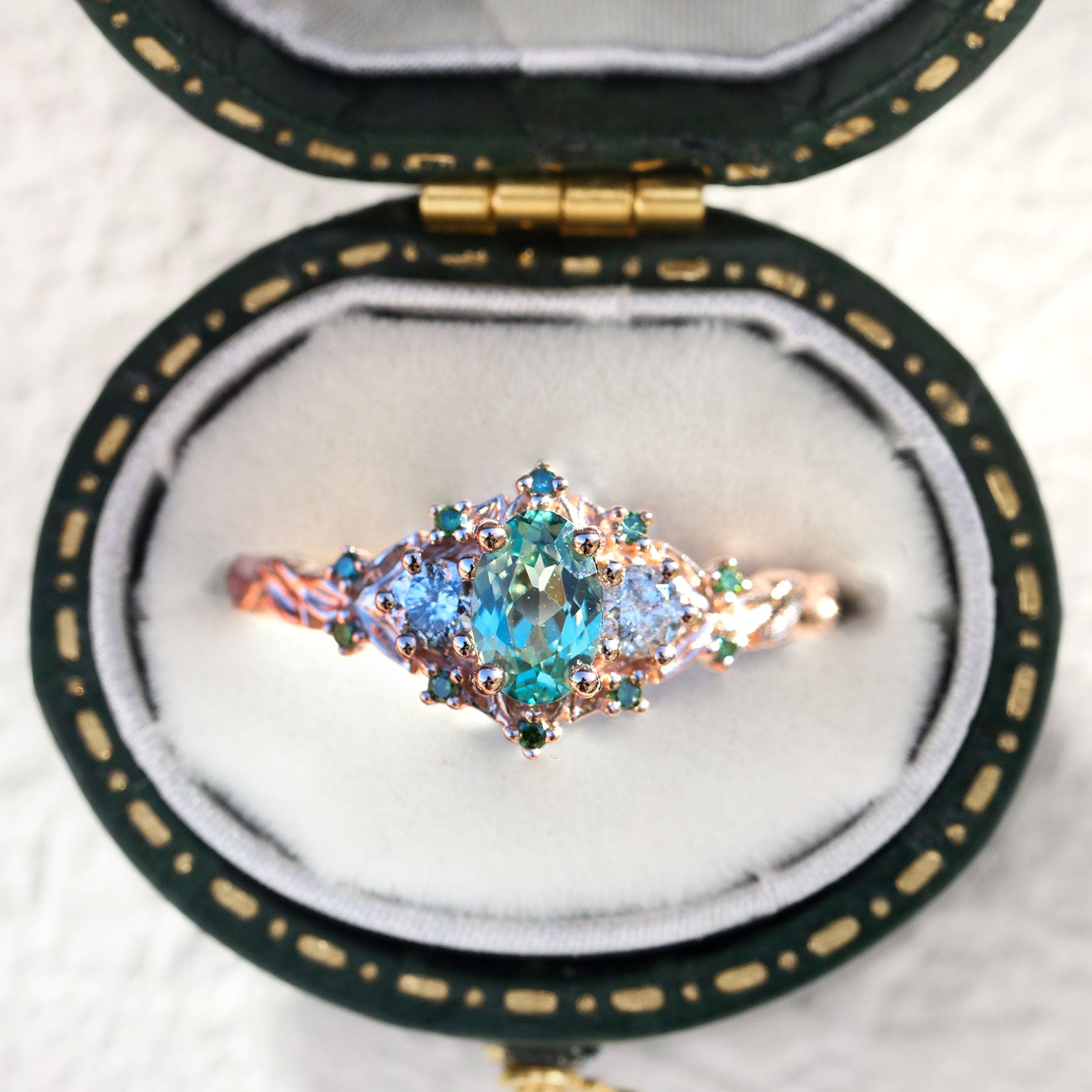 Unique floral engagement rings Rose Three-Stone Oval Green Lab Sapphire Ring - Oore Jewelry