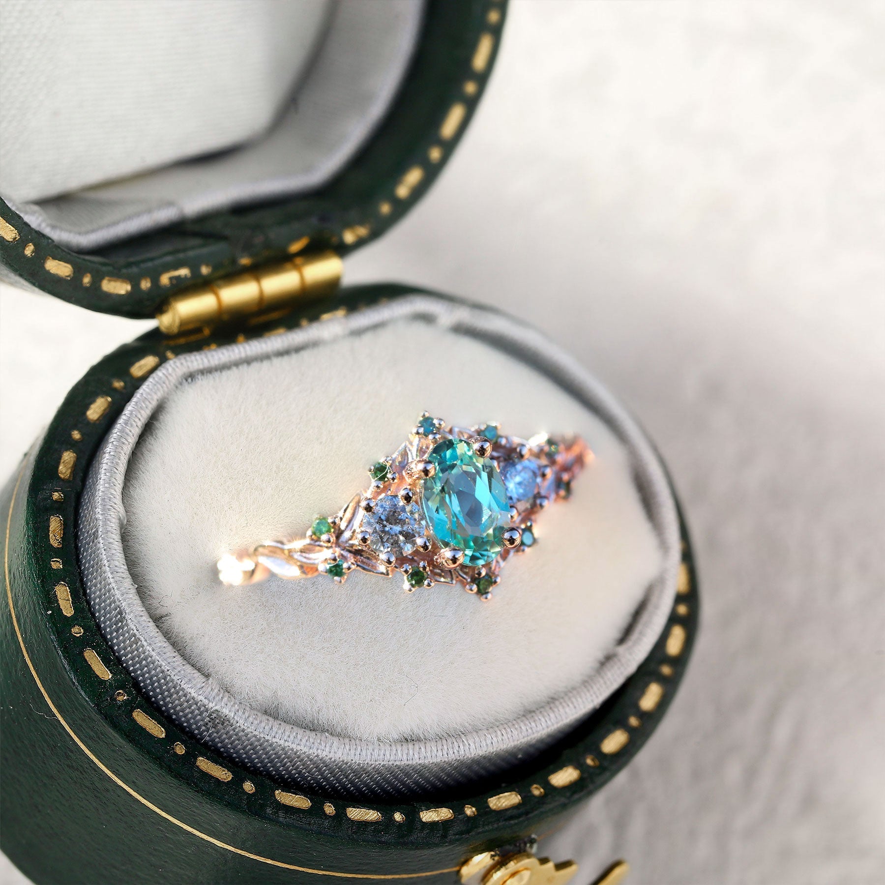 Unique floral engagement rings Rose Three-Stone Oval Green Lab Sapphire Ring - Oore Jewelry