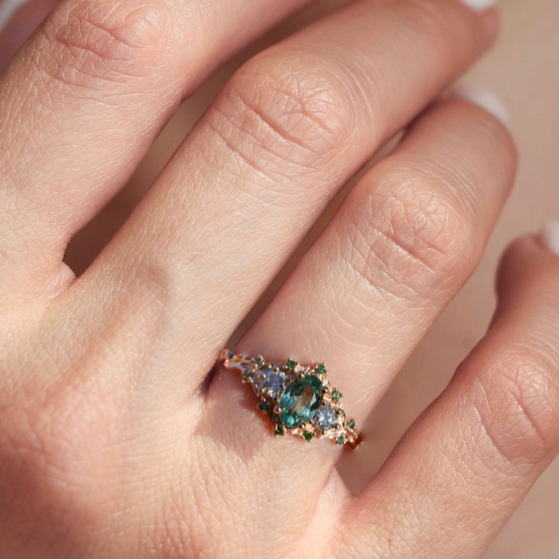 Unique floral engagement rings Rose Three-Stone Oval Green Lab Sapphire Ring - Oore Jewelry