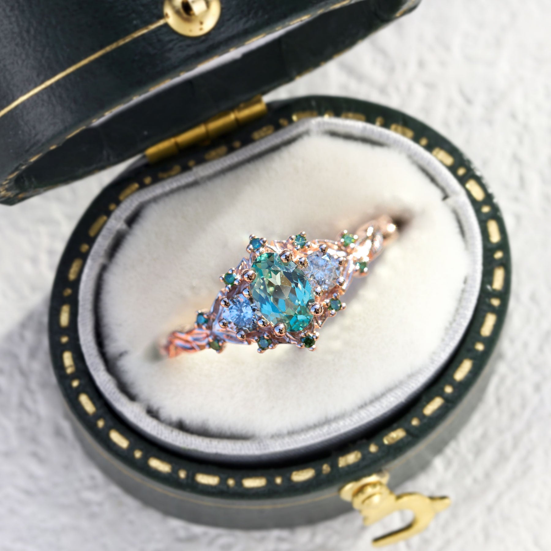 Unique floral engagement rings Rose Three-Stone Oval Green Lab Sapphire Ring - Oore Jewelry