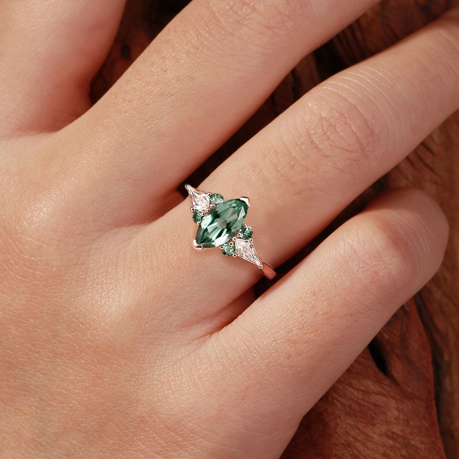 Unique Cluster Marquise Green Lab Sapphire Seven Gemstone 18K Rose Gold Ring