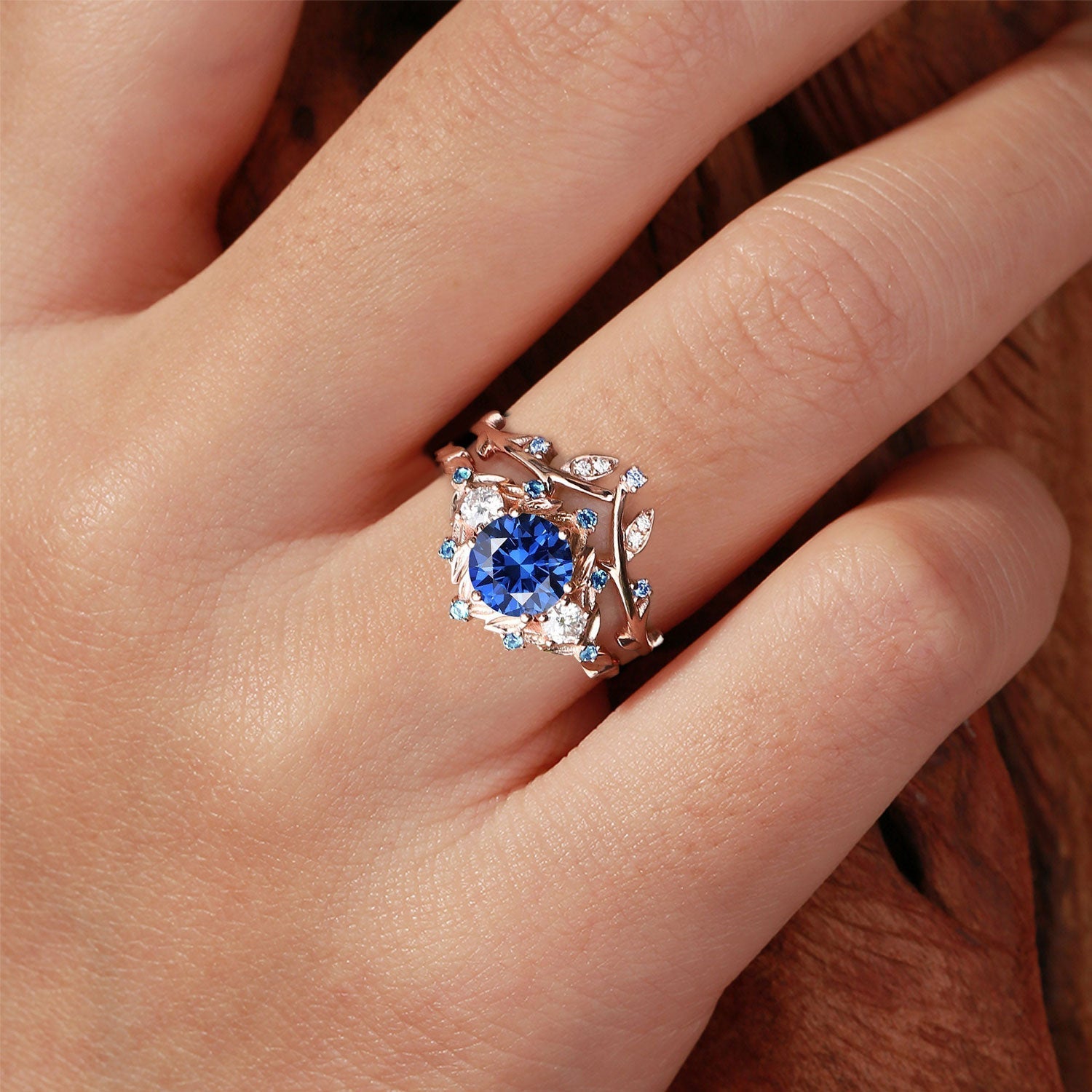 Vintage round cornflower Lab Sapphire engagement ring set Leaf art sapphire cluster 18K Yellow Gold promise ring set