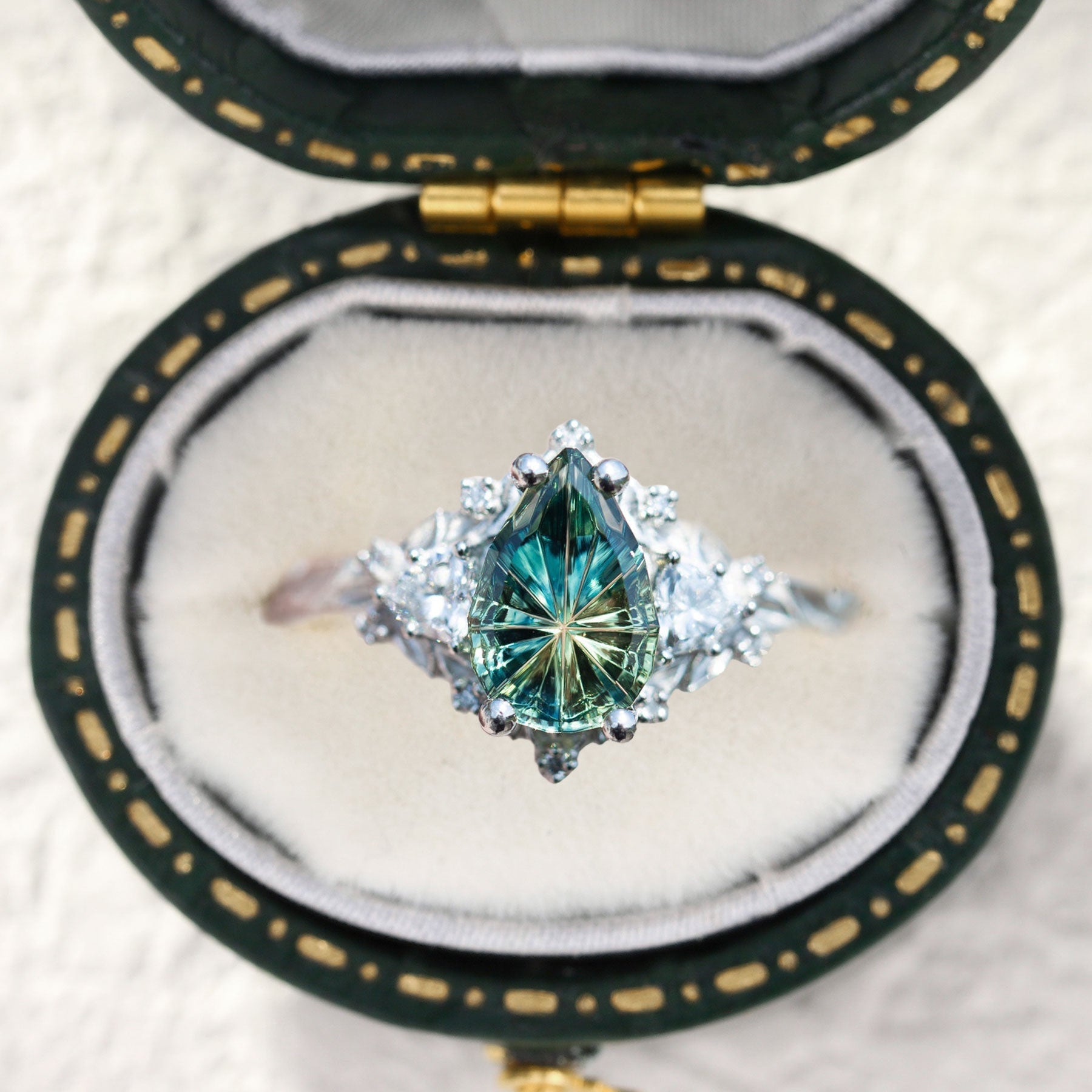 Vintage Briar Rose Starlight Pear Green Lab Sapphire 14k yellow gold Ring