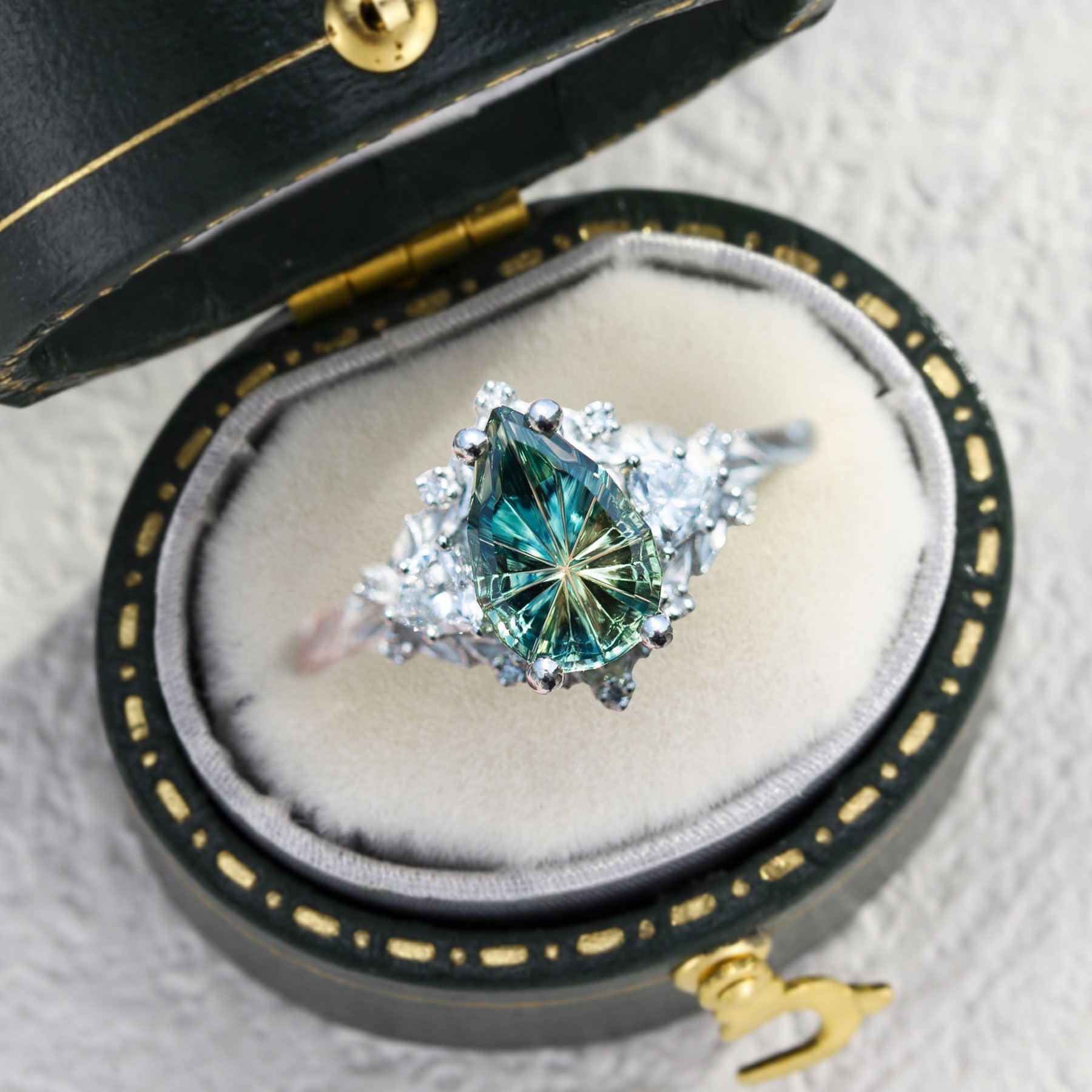 Vintage Briar Rose Starlight Pear Green Lab Sapphire 14k yellow gold Ring