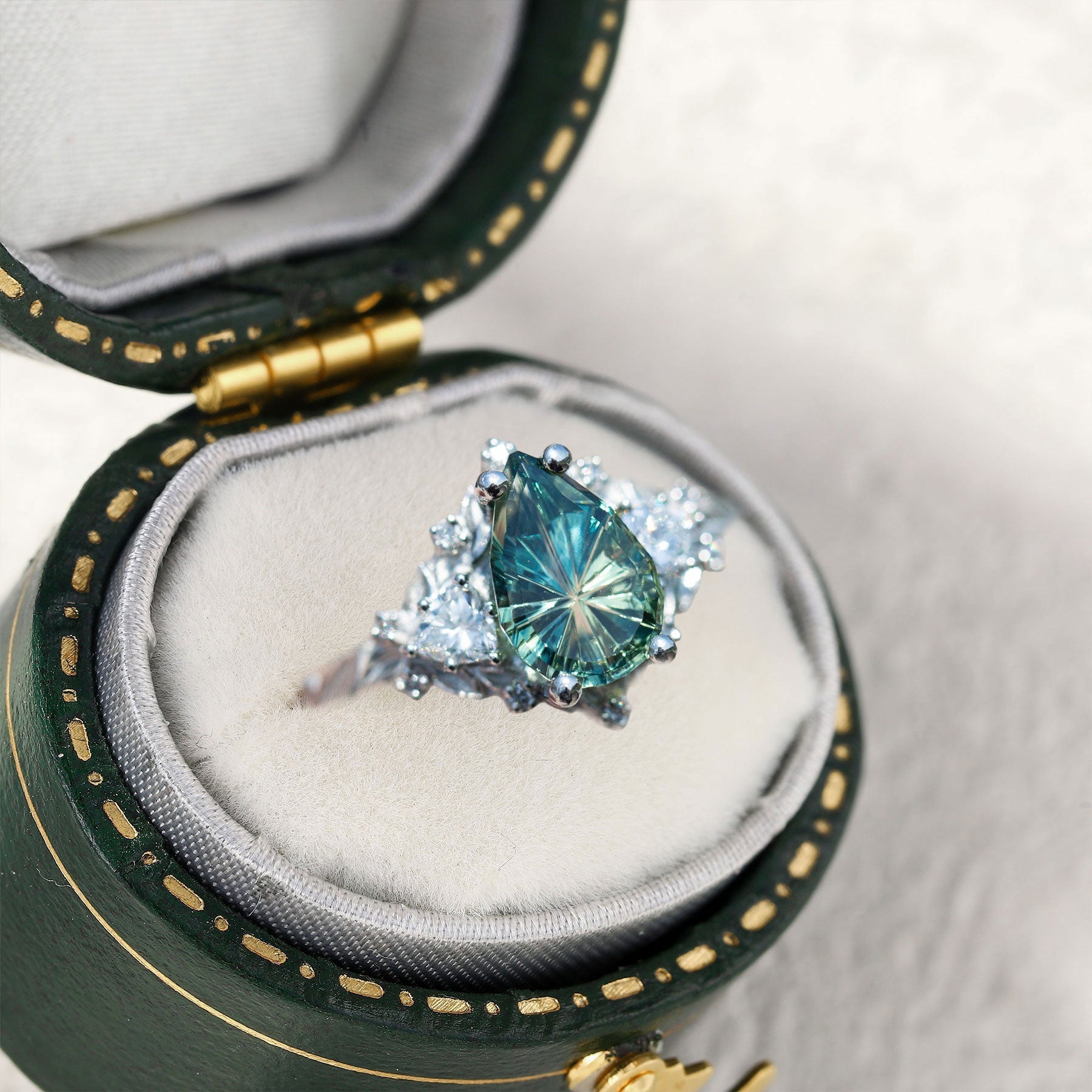 Vintage Briar Rose Starlight Pear Green Lab Sapphire 14k yellow gold Ring