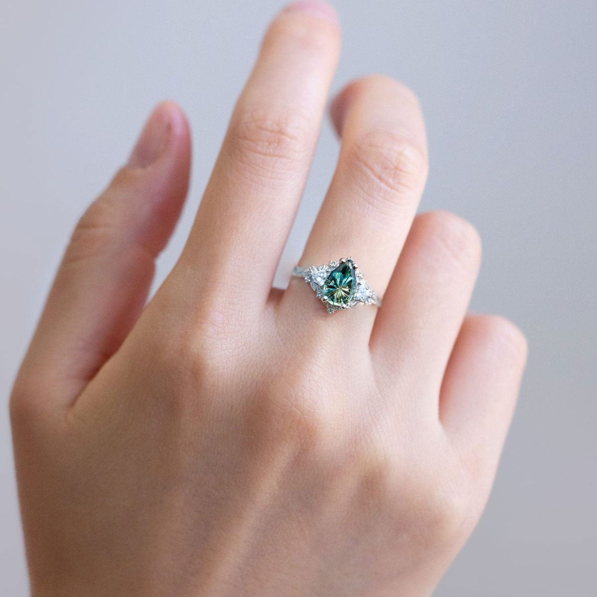 Vintage Briar Rose Starlight Pear Green Lab Sapphire 14k yellow gold Ring