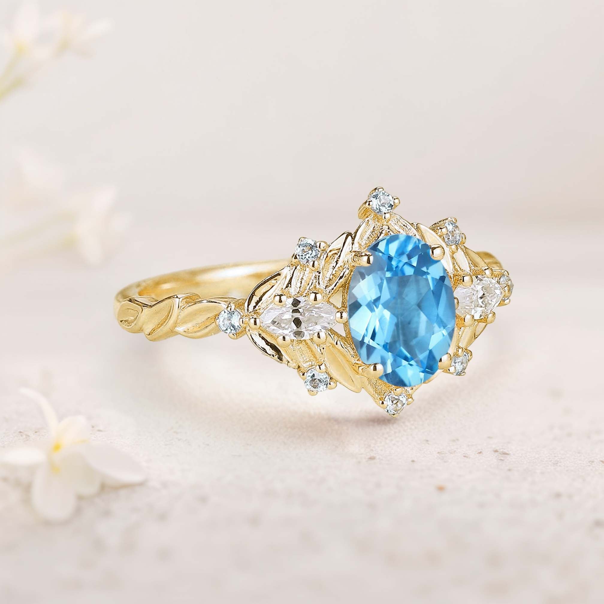 Unique floral engagement rings Oval Blue Lab Topaz Cluster 18K Yellow Gold Wedding Ring Fairy Engagement Ring