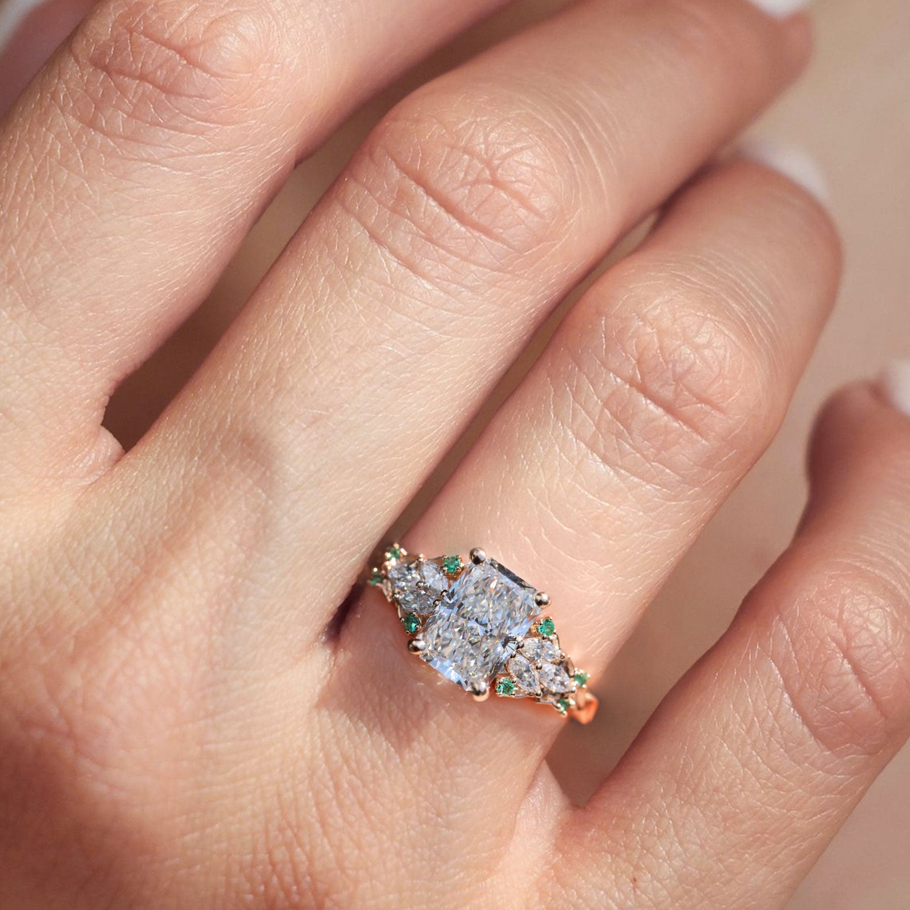 Unique Enchanted garden Emerald cut Moissanite Ring - Oore Jewelry
