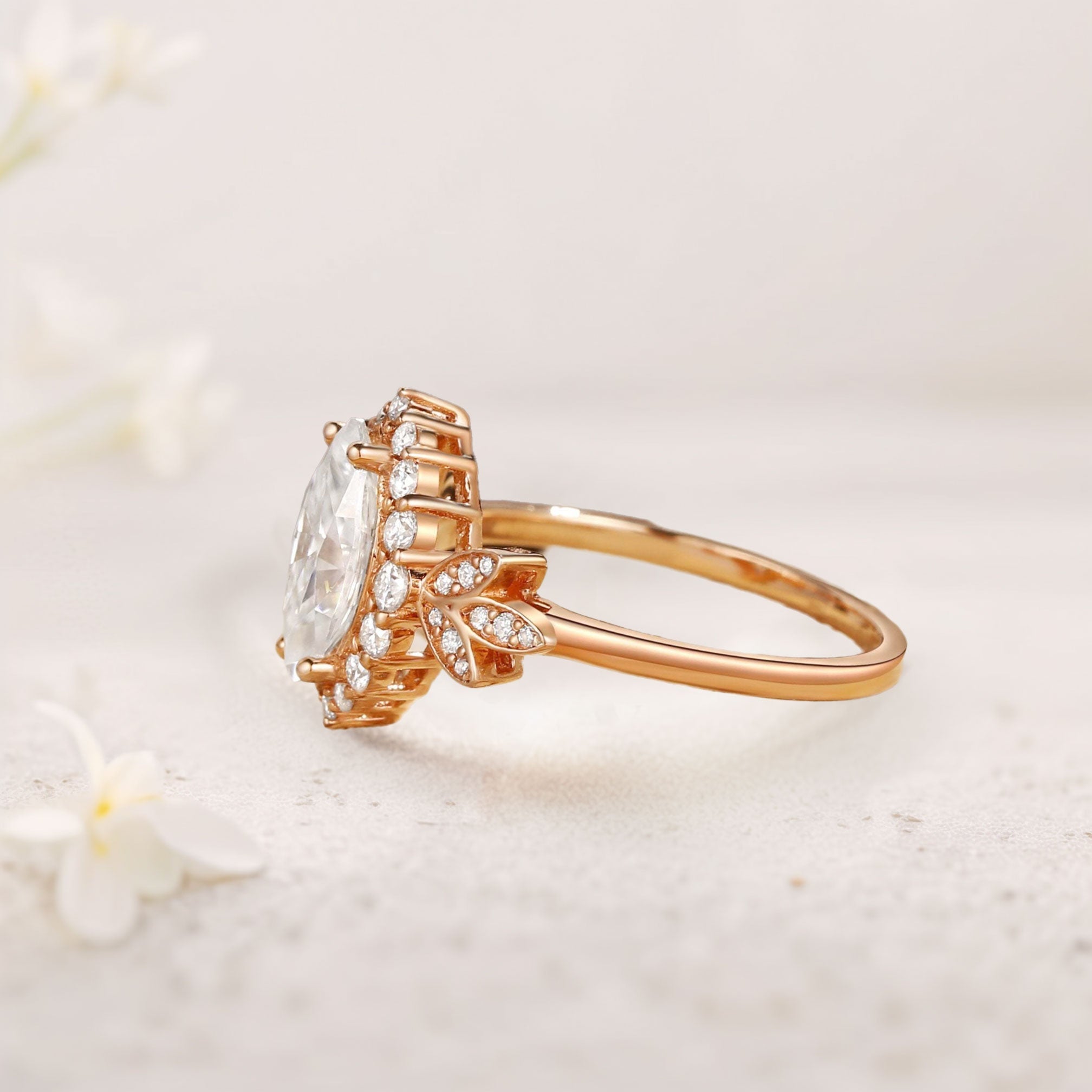 Unique floral engagement rings Marquise Moissanite Butterfly Halo 18K Rose Gold Engagement Ring