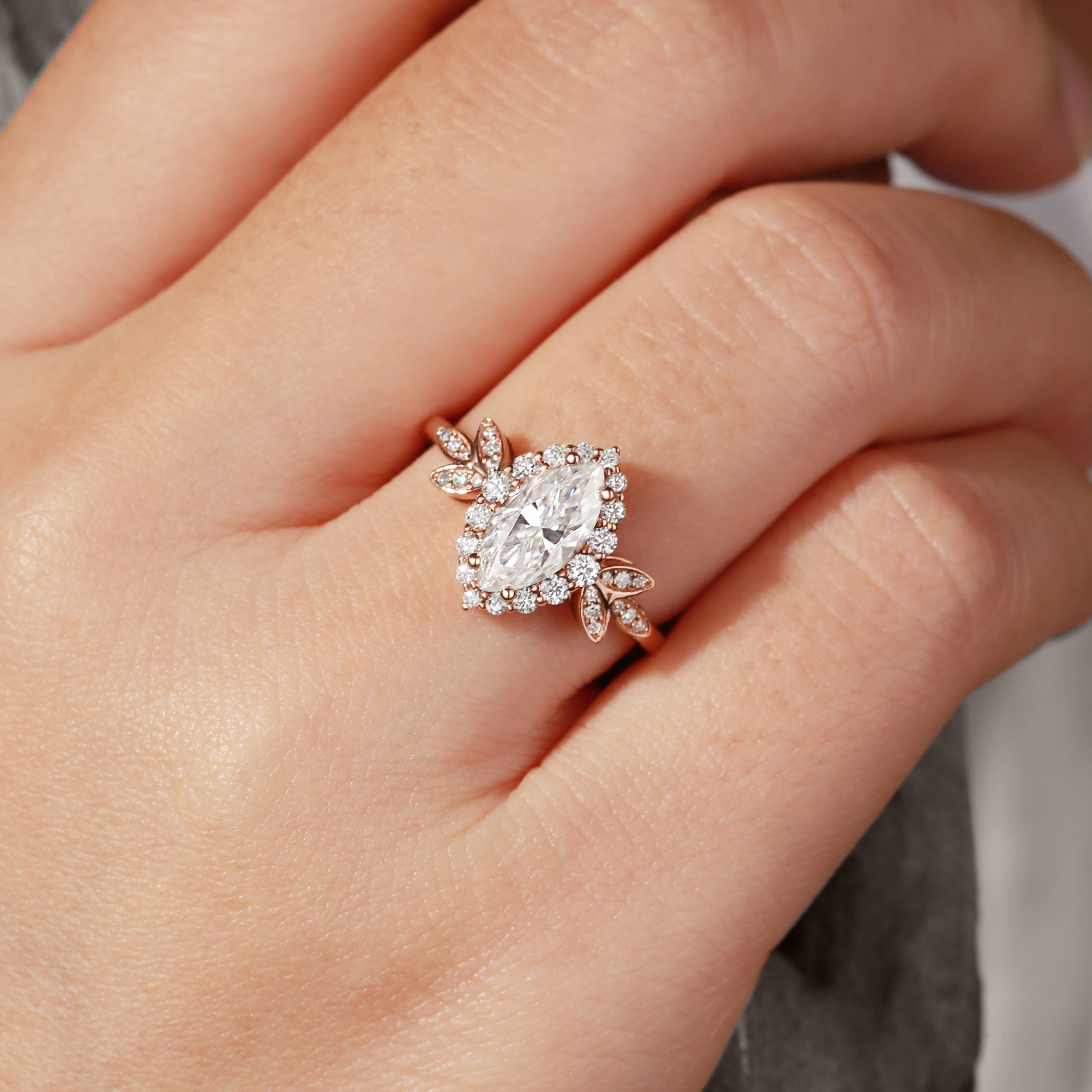 Unique floral engagement rings Marquise Moissanite Butterfly Halo 18K Rose Gold Engagement Ring