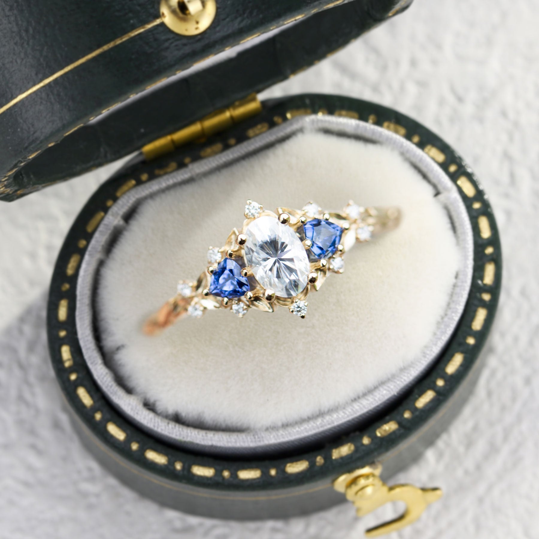 Unique Briar Rose Three Stone Oval Moissanite and Lab Sapphire 18K Yellow Gold Wedding Ring