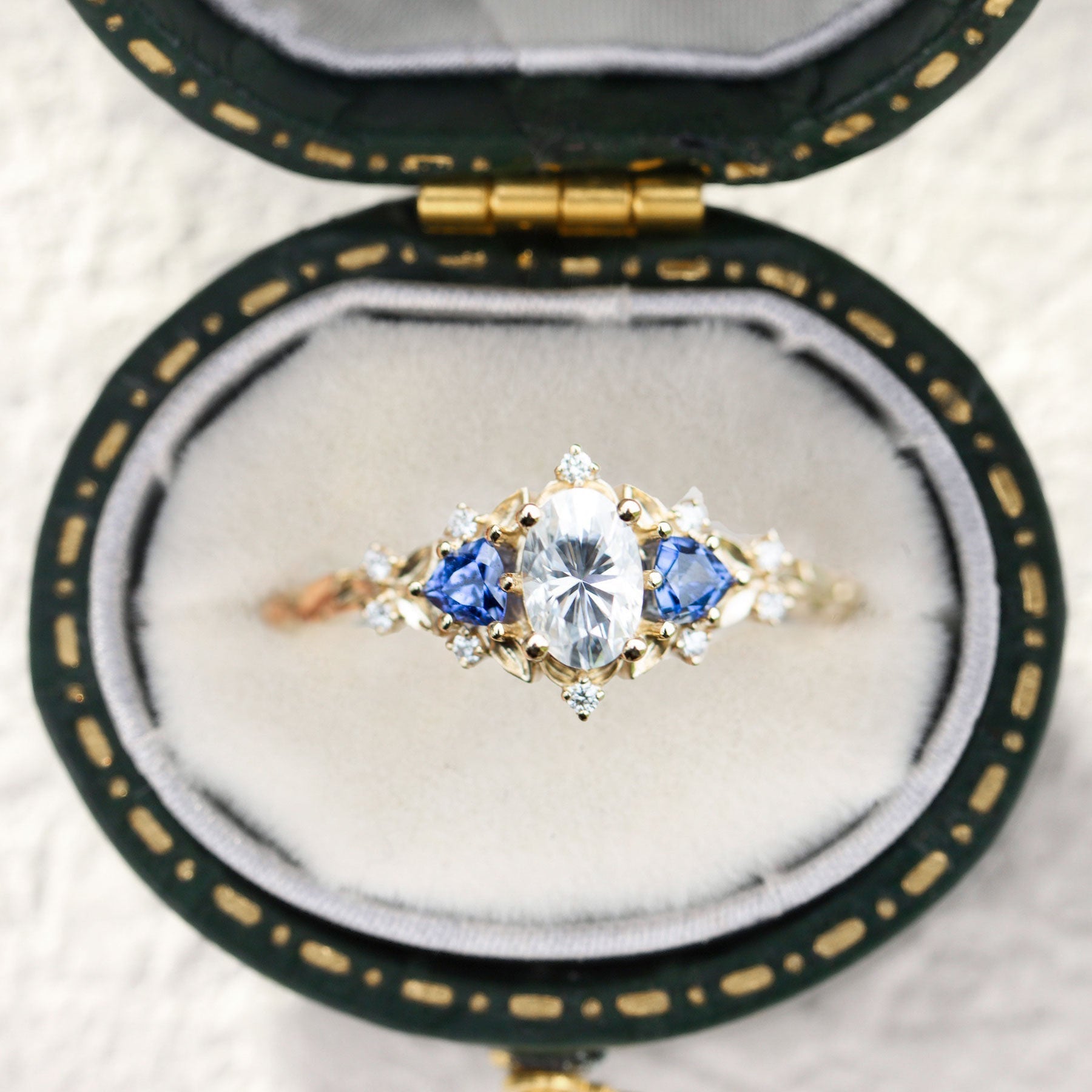 Unique Briar Rose Three Stone Oval Moissanite and Lab Sapphire 18K Yellow Gold Wedding Ring