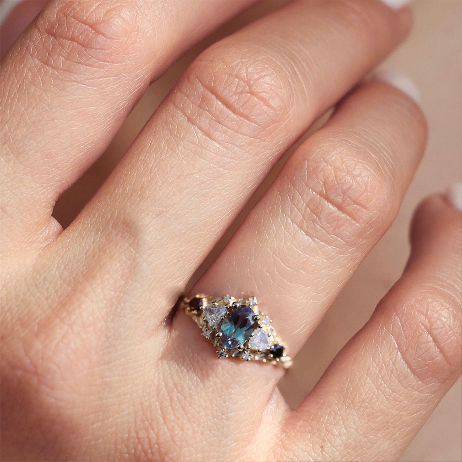 Unique Briar Rose Five Stone Oval Lab Alexandrite Ring - Oore Jewelry