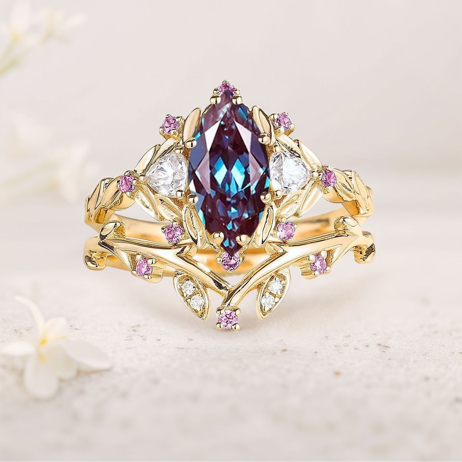 Unique Marquise Lab Alexandrite Vintage Pink Sapphire Leaf 18K Yellow Gold Wedding Ring Bridal Ring Set