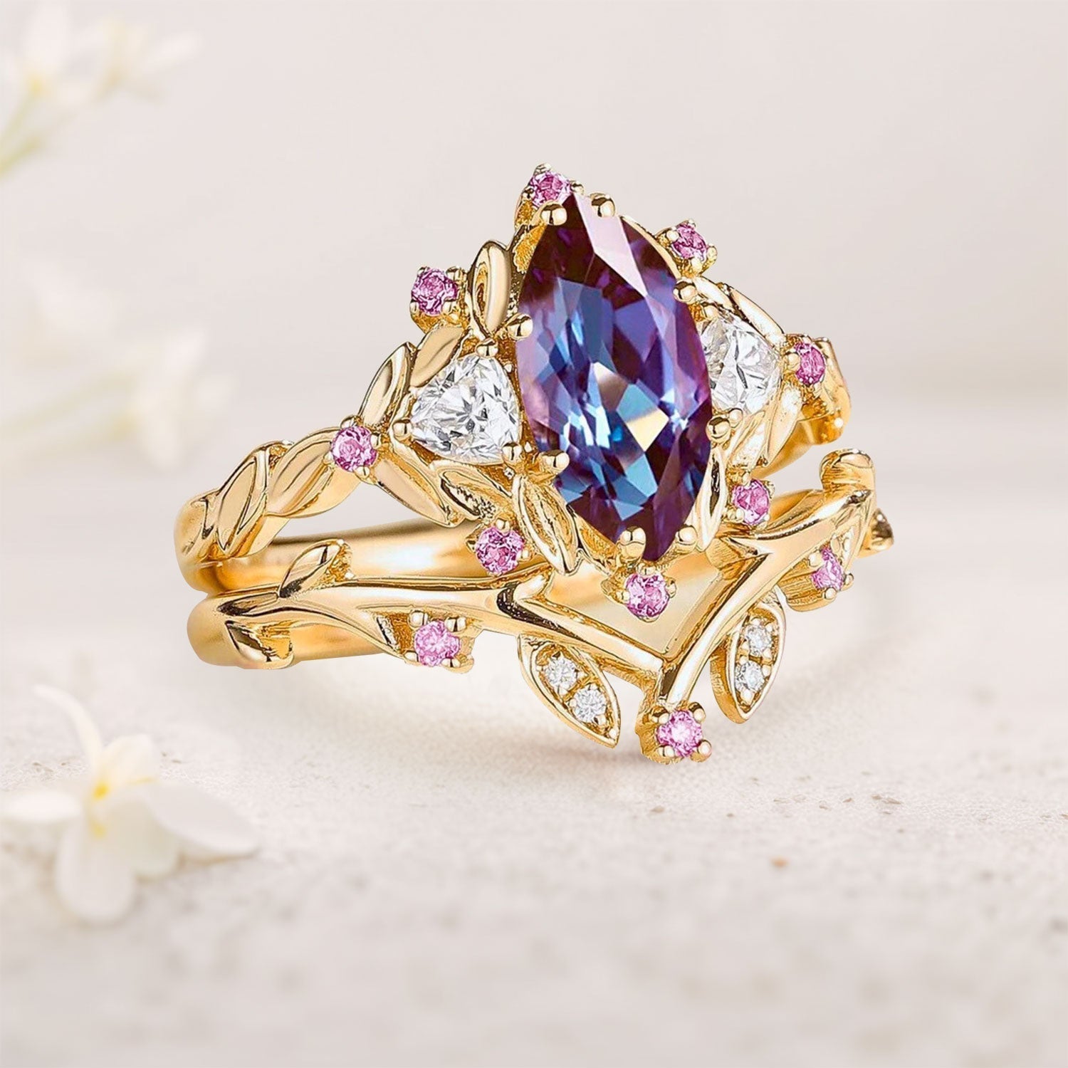 Unique Marquise Lab Alexandrite Vintage Pink Sapphire Leaf 18K Yellow Gold Wedding Ring Bridal Ring Set